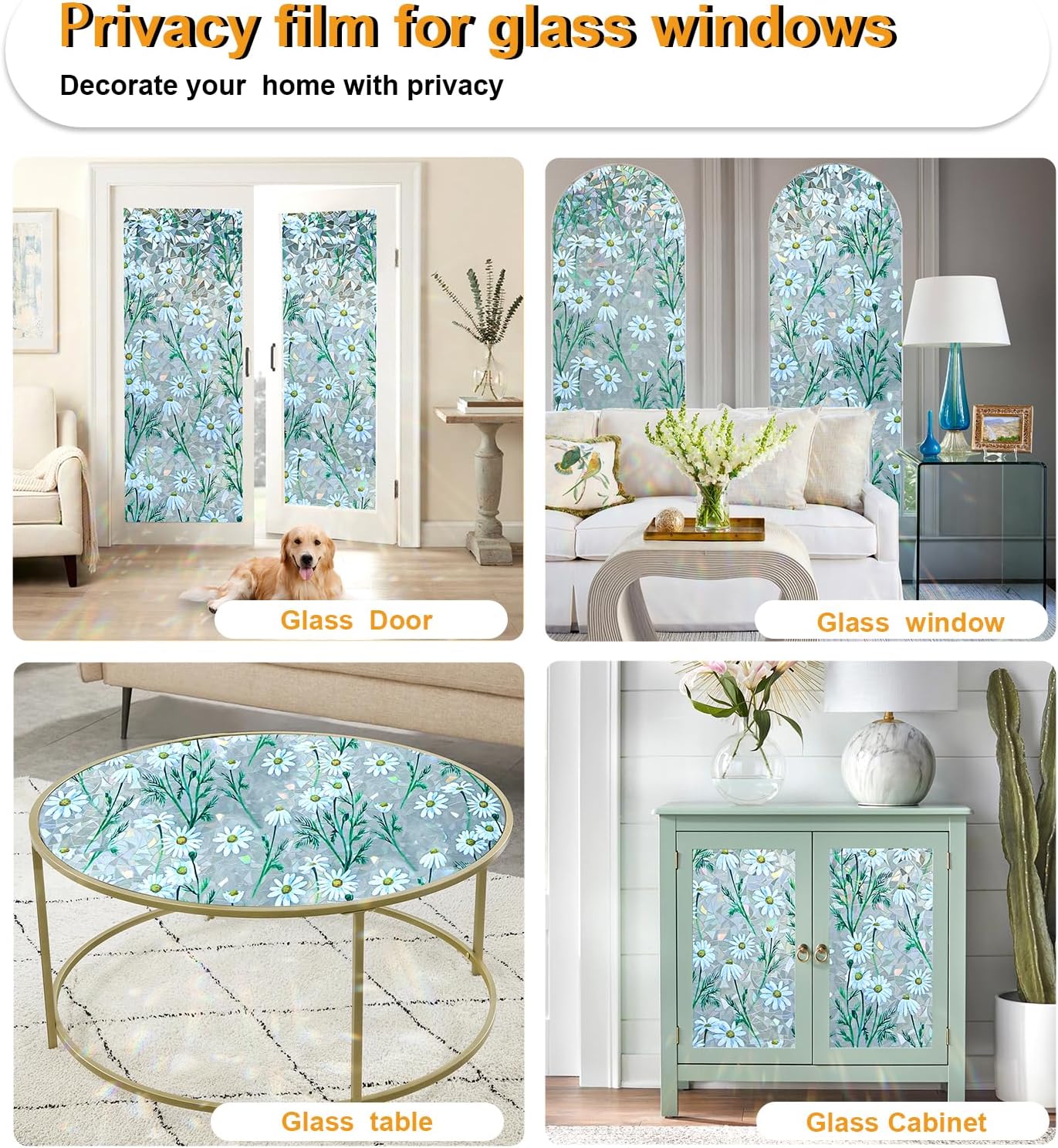 Window Privacy Film Stain Glass Window Film Rainbow Window Film Window clings Non-Adhesive Reusable Decorative for Room (Daisy Rainbow, 17.5 x 157.4 in)