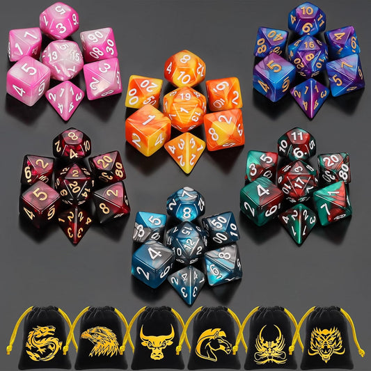 QMay DND Dice Sets - 6 X 7 Polyhedral Dice (42pcs) with 6 Drawstring Bags for Dungeons and Dragons, RPG, MTG,Role Playing Table Game