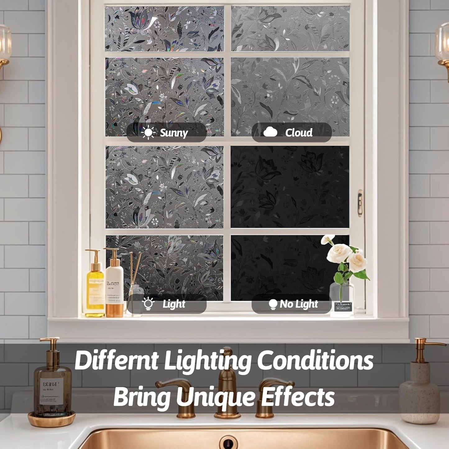 NINETREX Window Privacy Film,Decorative Window Film Frosted,Stained Glass Window Cling,Heat Blocker Non-Adhesive for Home,Grayish Black 23.6 x 78.7inch
