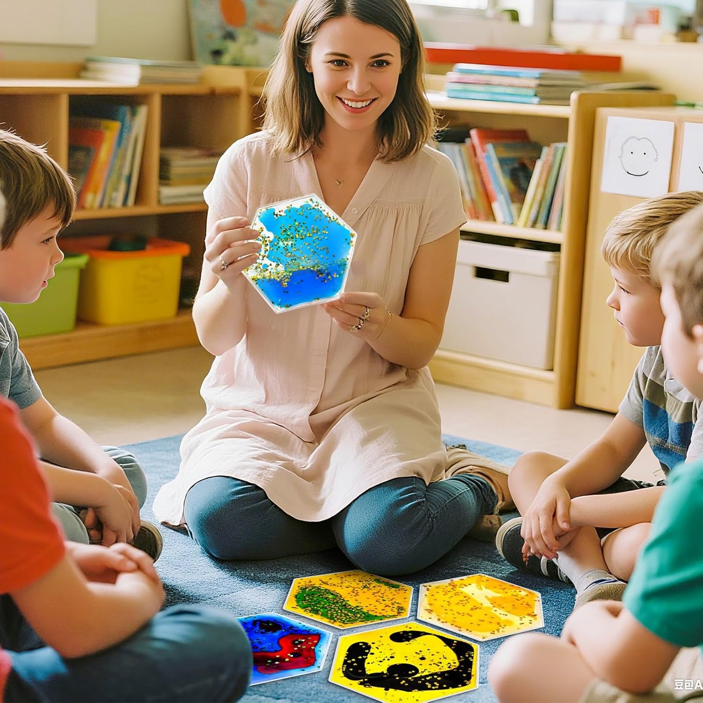 Squishy Liquid Sensory Tiles for Kids – Soft Colorful Hexagonal Tactile Play Pads for Squeezing, Visual Tracking, Desk, Calm Corner, Quiet Play or Travel (12-Pack, 5.2" x 3")