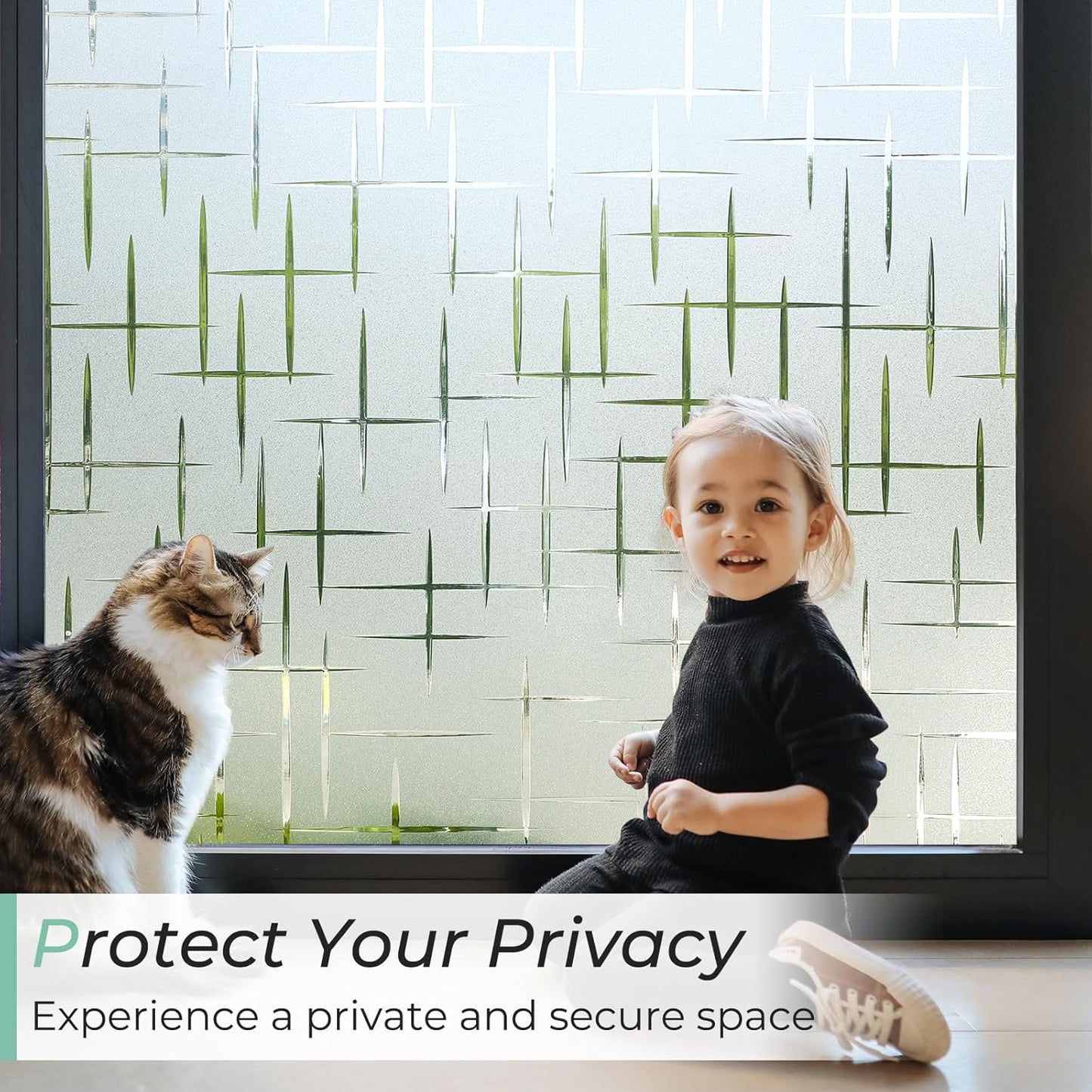 DOWELL Window Privacy Film Frosted Glass Window Film, Sun Blocking Non-Adhesive Glass Cling, Decorative Door Sticker, Self Static-Cling Tint Covering for Home Office, Cross Pattern 23.6" x 157.5"