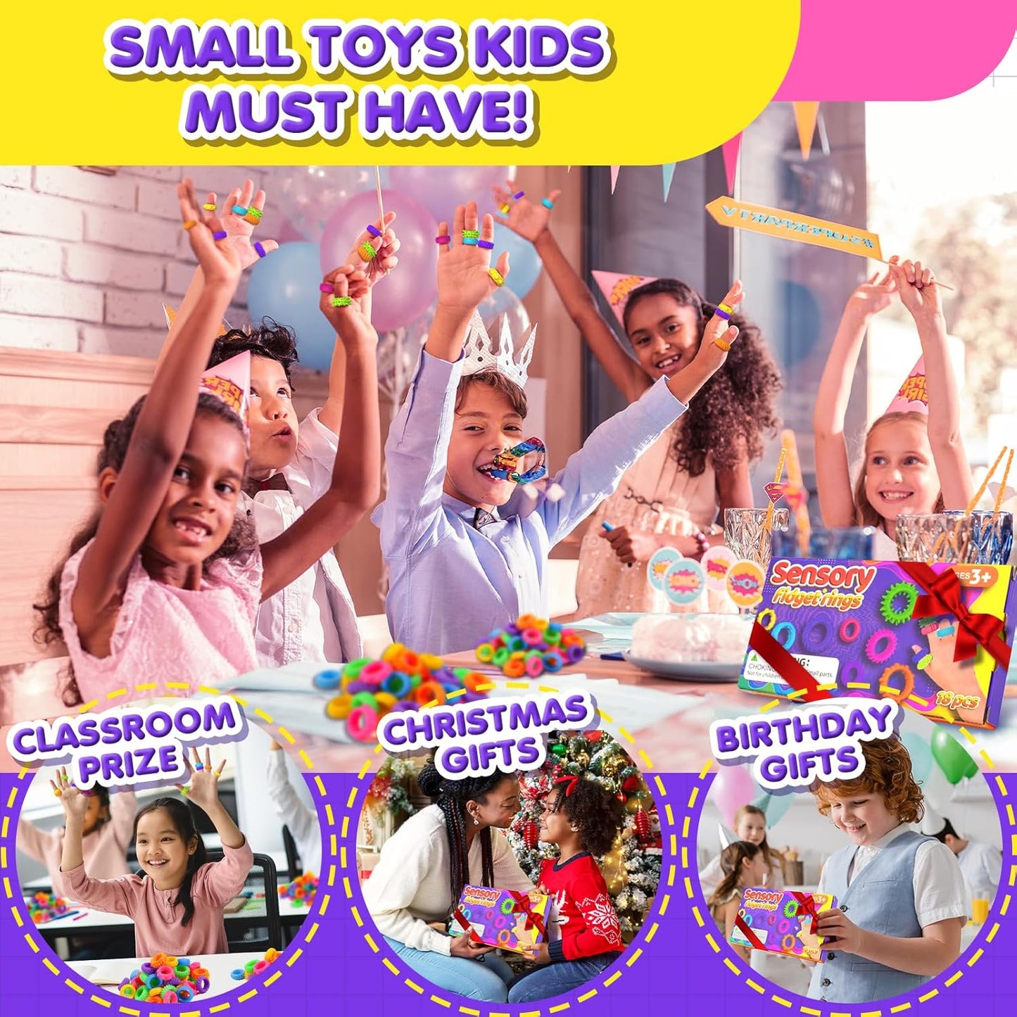 Fidget Toys Sensory Rings for Kids: Fidget Ring 18 Pack - Sensory Toys for Kids with Autism - Quiet Anxiety Fidgets Bulk for Classroom Prize - Stocking Stuffers