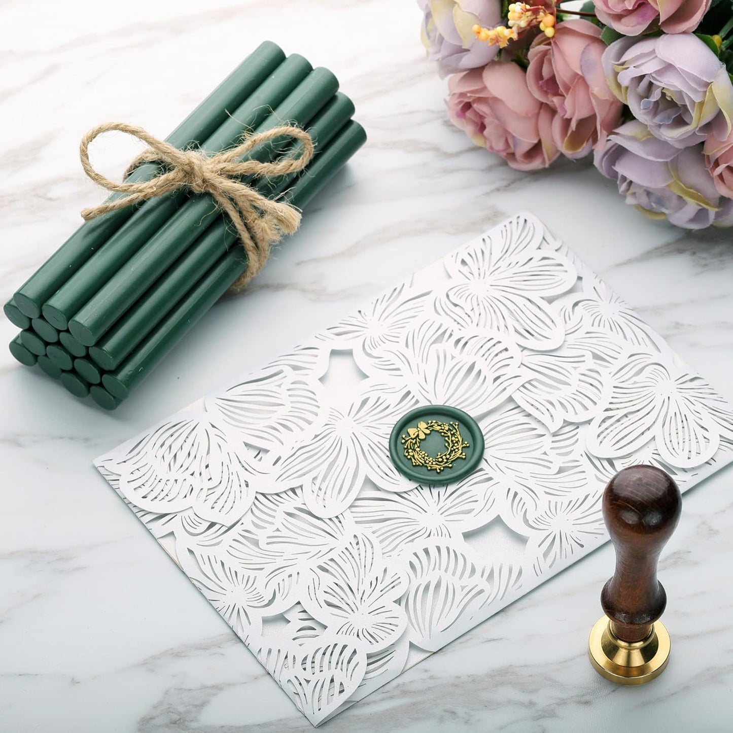 Yoption 15 Pieces Olive Green Glue Gun Sealing Wax Sticks for Wax Seal Stamp, Great for Wedding Invitations, Envelopes, Cards, Christmas Gift Ideas, Wine Packages (Olive Green)