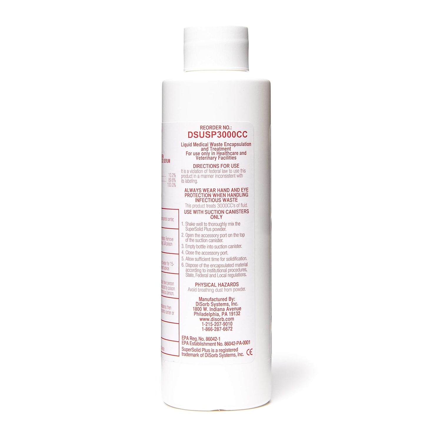 DiSorb Suction Canister Sterilizer Absorbent Powder - Absorbs Bodily Fluids & Blood - for Hospitals, Health Care Facilities, Veterinary Clinics - EPA Approved Solidifier - 500cc -100 Bottles Per Case