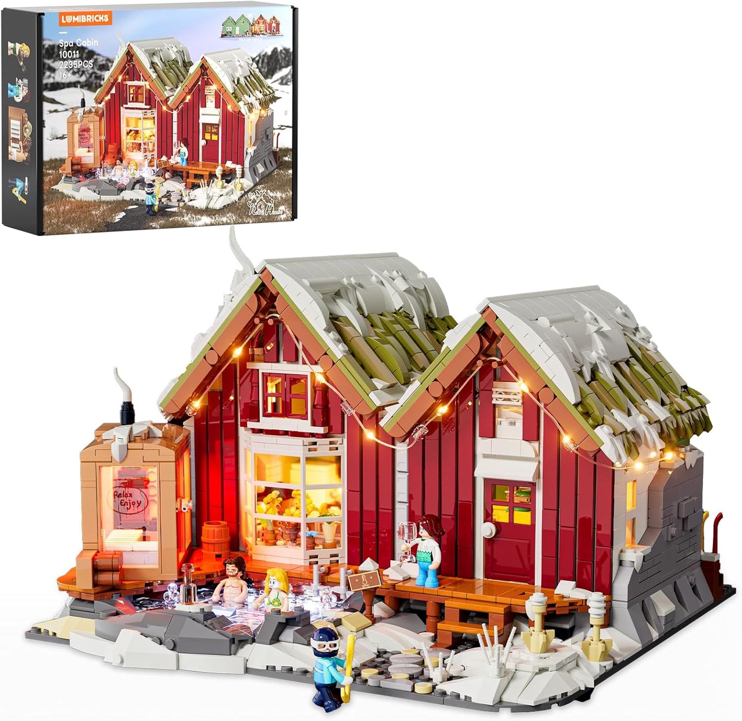 Spa-Cabin Winter Lighting-Building-Bricks Set - 2235 Pcs Christmas House Winter Lodge LED Light Construction Building Christmas Village Model Set for Adults and Families