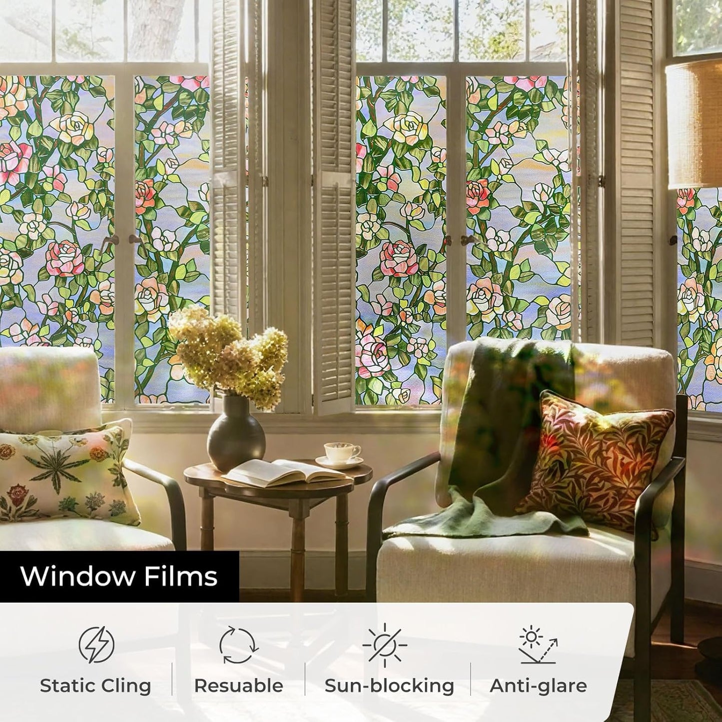 3D Stained Glass Window Film, Decorative Window Privacy Film for Bathroom, Front Door, Home, Sun Blocking Heat Control, Static Cling, Beast Rose 35.4inch x 78.7inch