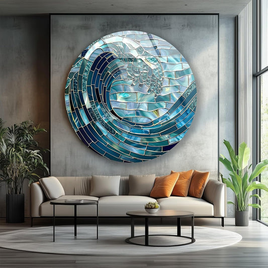 My Photostation.com 10''(25cm) Diameter Ocean Wave in Blue Mosaic Round Glass Wall Art Tempered Glass Printing Wall Decor Large Wall Art Wall Hangings
