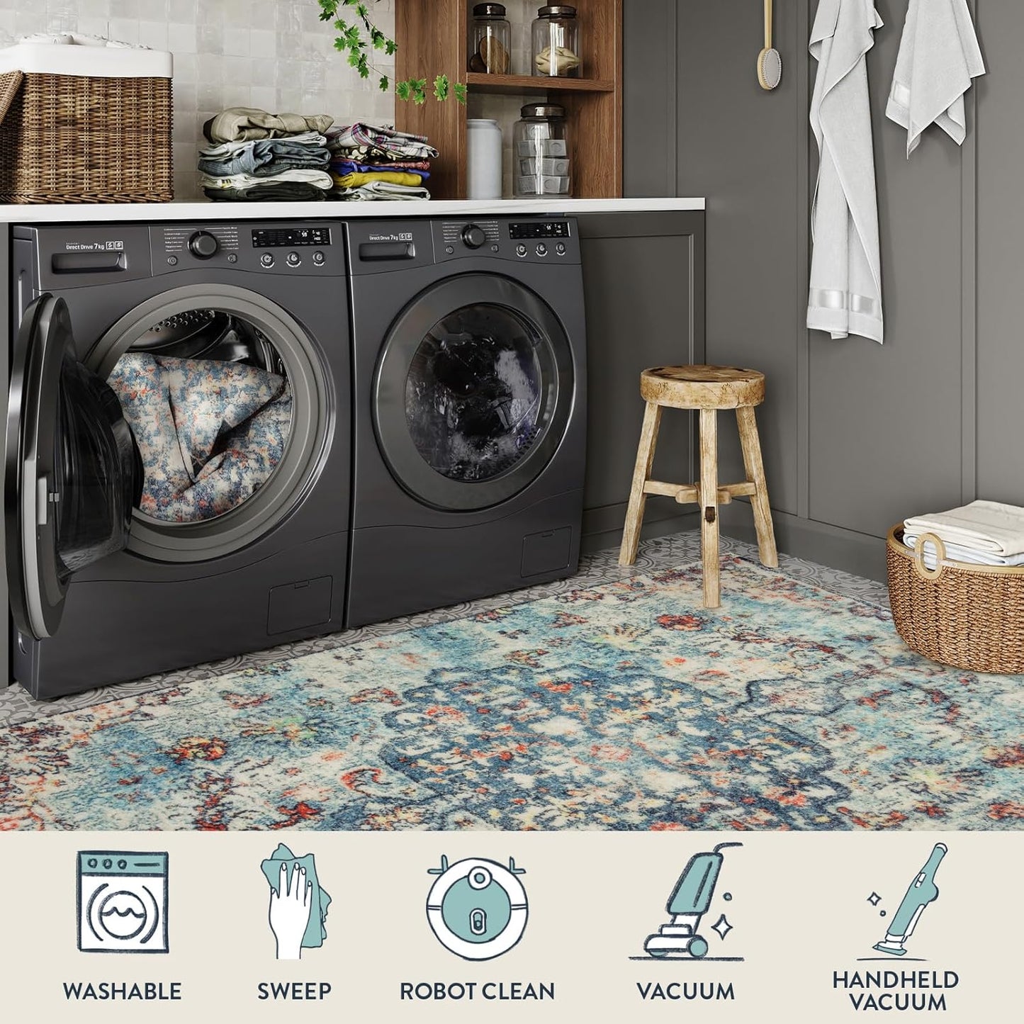 Lahome Bohemian Floral Medallion Area Rug - 2x3 Vintage Teal Distressed Small Entryway Rug Turkish Doormat Faux Wool Non-Slip Washable Low-Pile Carpet for Bathroom Kitchen Laundry Room Decor