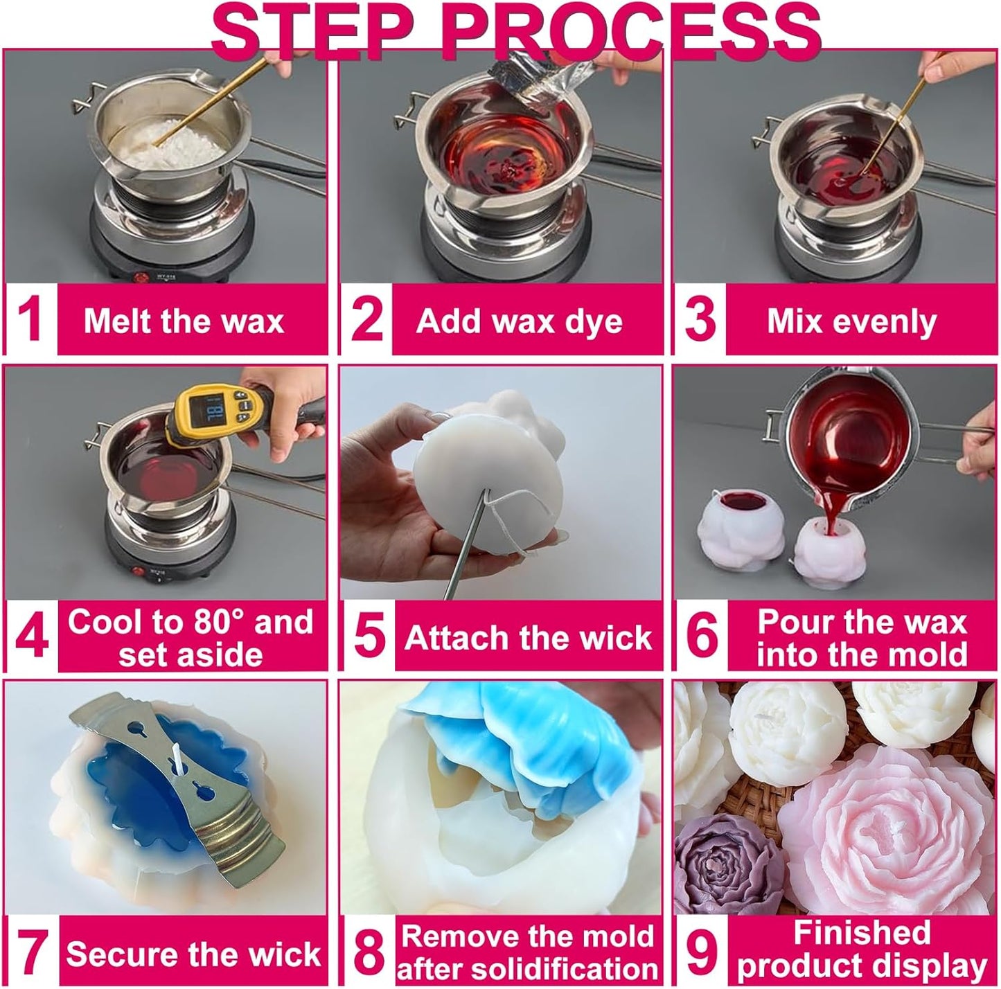 6PCS Flower Silicone Molds Set,3D Rose Flower Silicone Fondant Mold Valentine Day Silicone for Candle Making Molds Cake Mold for Chocolate Candy Pastry Dessert Resin Craft
