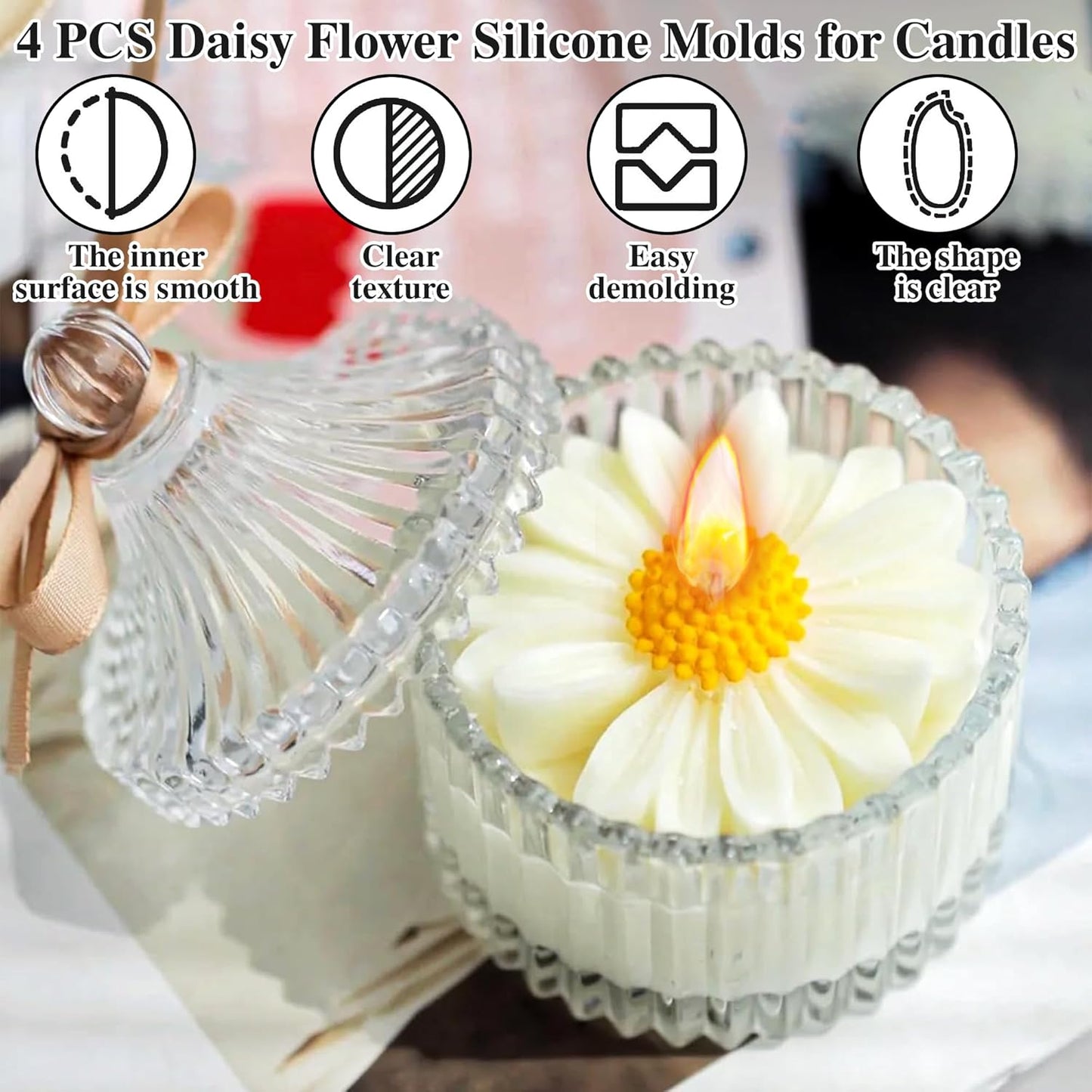 4 Pcs Daisy Flower Candle Molds, Silicone Molds for Candles Making, 3D Flower Shape Decorating Mold for Fondant Soap Chocolate Cake, DIY Wax Epoxy Resin Moulds for Clay Craft