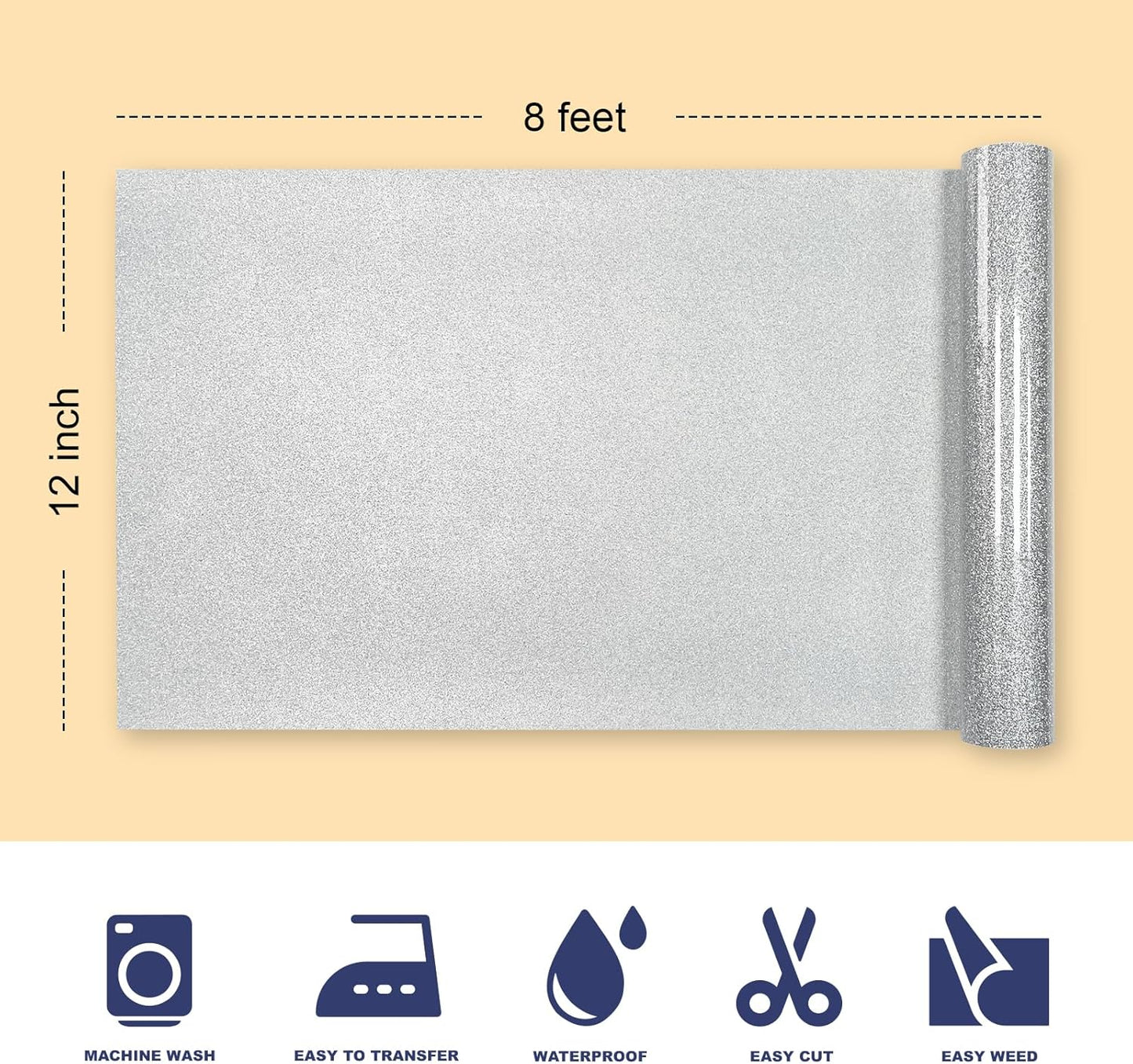 Silver Glitter HTV Heat Transfer Vinyl, 12" x 8ft lron on Vinyl, for T-Shirt Ironing, Vinyl HTV Easy to Cut and Weed, The Best Choice for DIY Creativity. (Silver, 12" x 8ft)