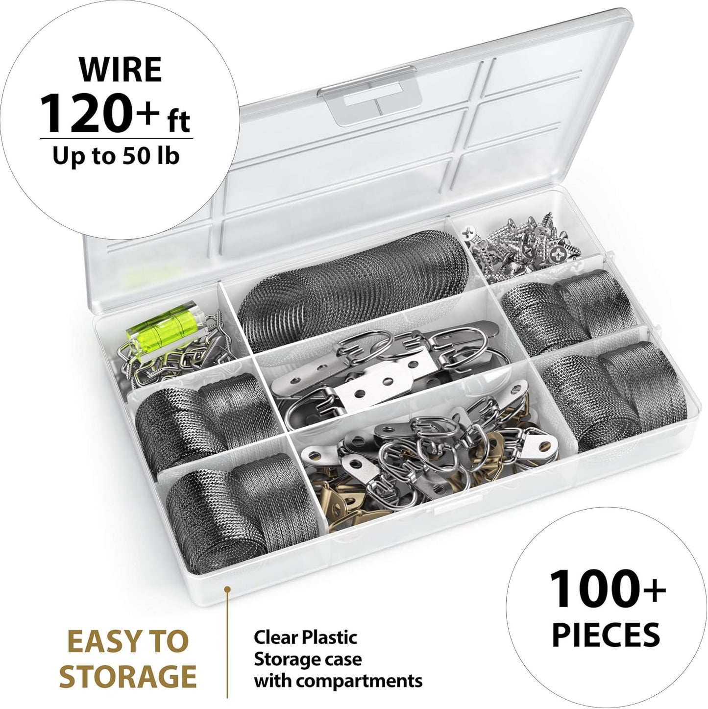 Picture Wire Hanging Kit 100+ Pieces - D-Ring, Screws, Hanging Hooks,Level. Supports up to 50 lbs 120+ Feet(38 M) Stainless Steel Wire Hanger | Comes with Solid Box