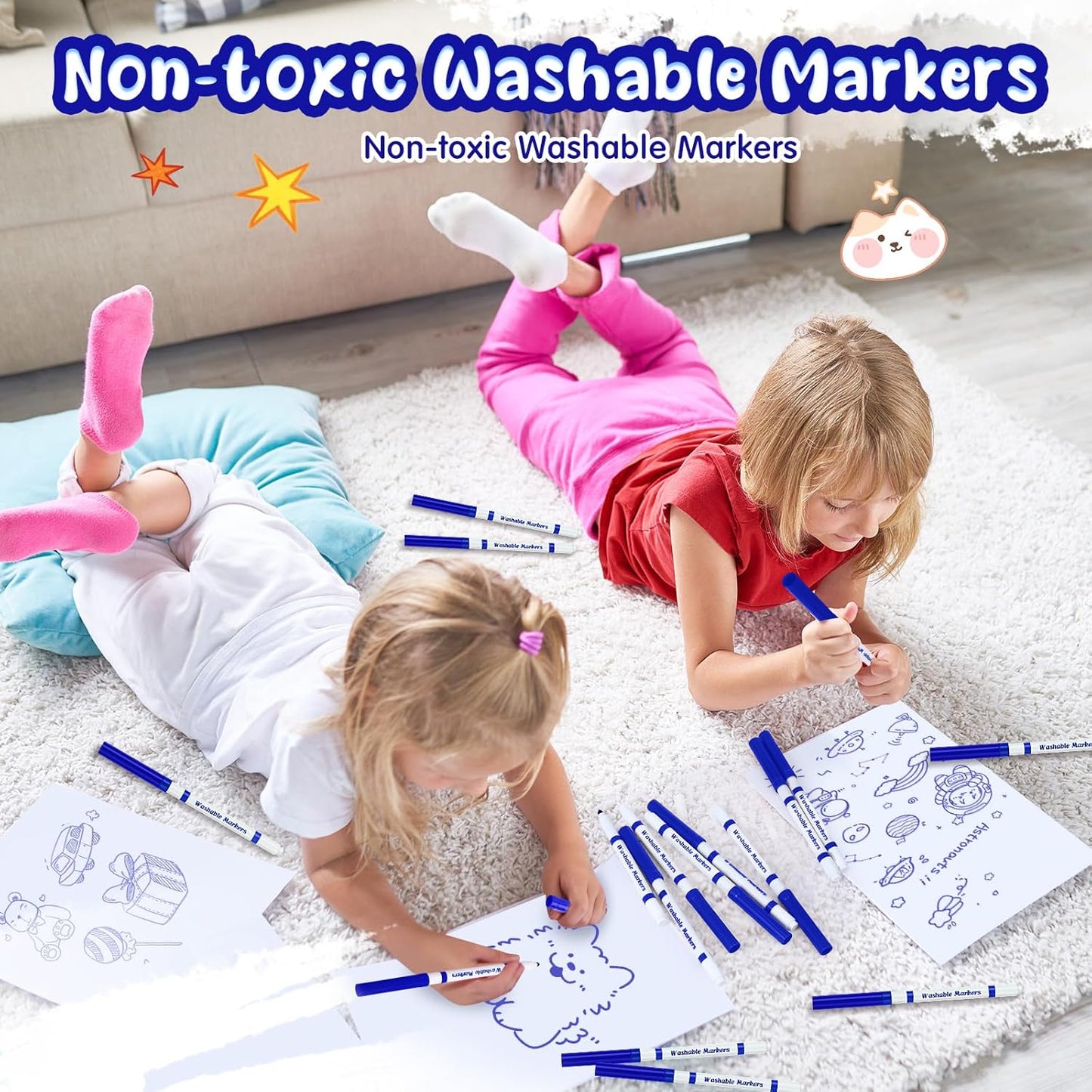18 Pcs Line Washable Markers Bulk Blue Fine Tip Markers Set Coloring Thin Tip Drawing Washable Pen for Kids Art School Classroom Back to School Gender Reveal Party Supplies, Ages 6+