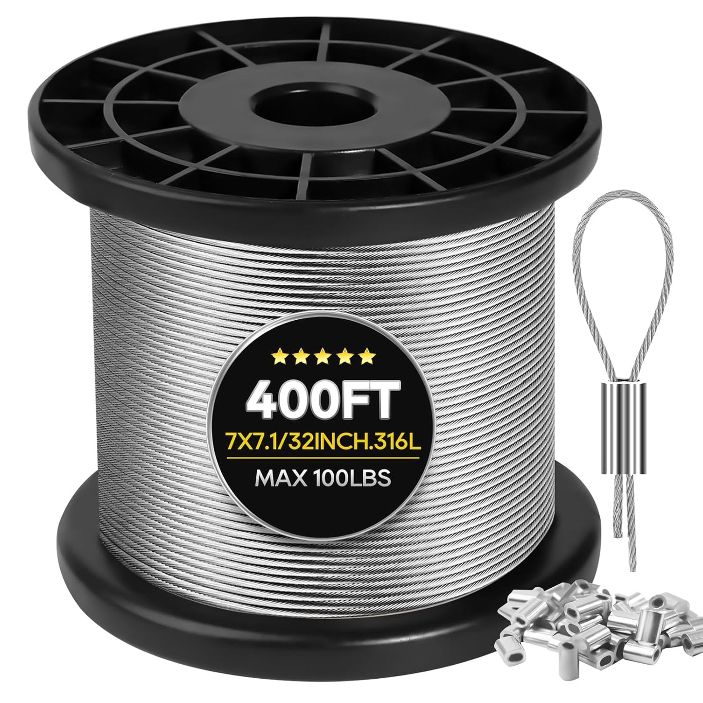 316 Stainless Steel Cable, 400FT 1/32IN Wire Rope 7 * 7 Strand with 100Pcs Aluminum Sleeves Stops, Guide Wire for Outdoor String Lights for String Lights Hanging, Clotheslines, Trellis (400FT)