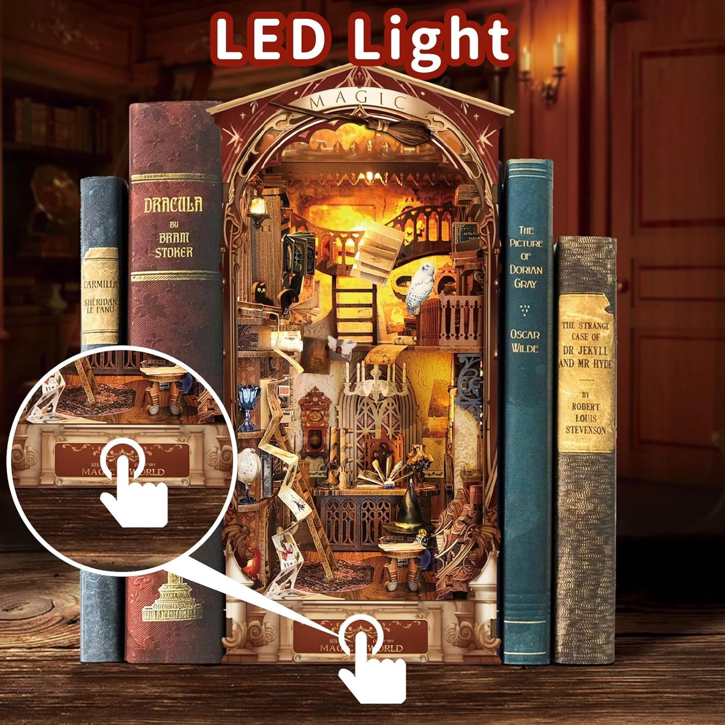 DIY Book Nook Kit,New DIY Dollhouse Booknook Bookshelf Insert Decor,3D Wooden Puzzles with LED,Book Nook Miniature Kit,Birthday Easter Home Decor for Teens Adult-Magic World