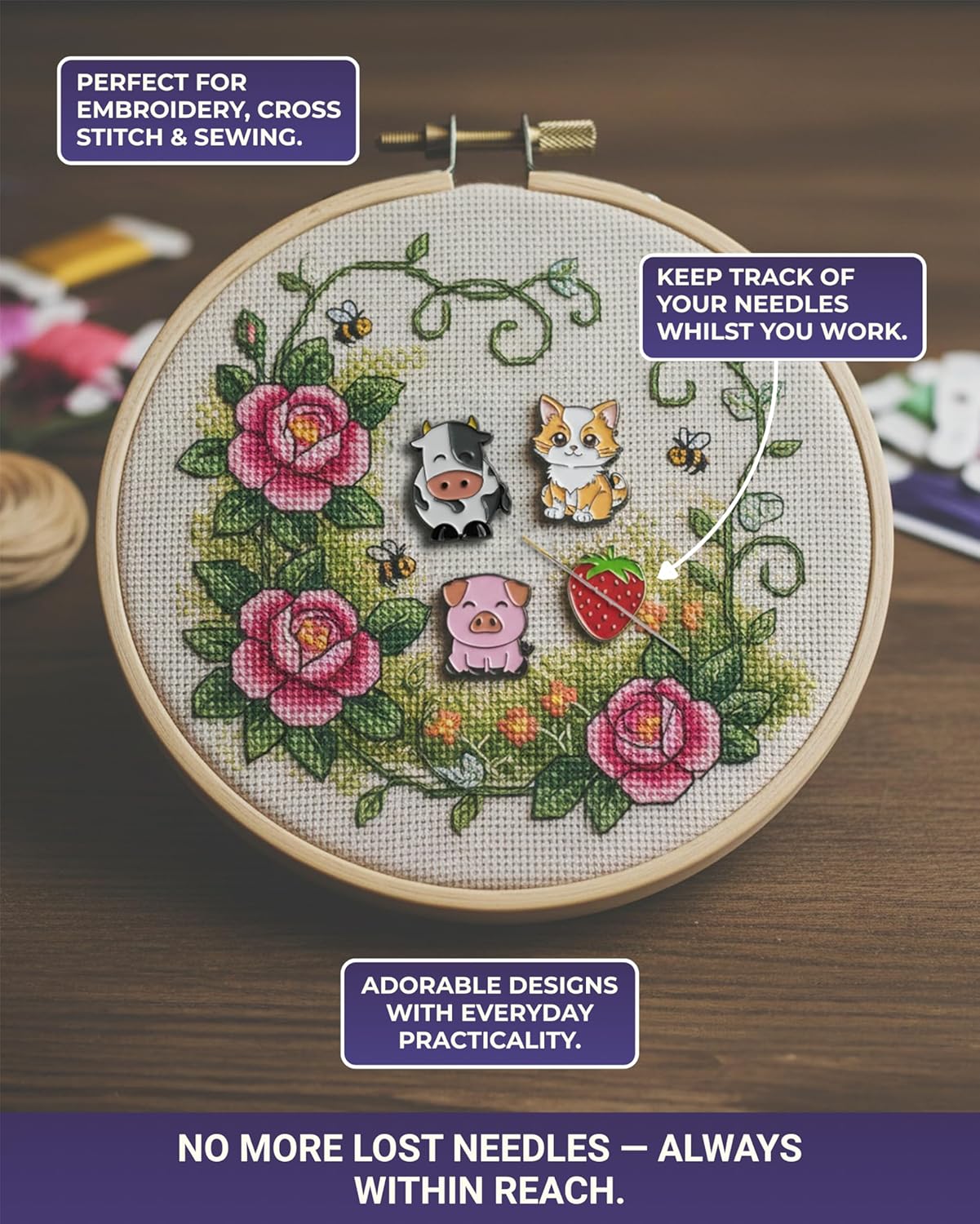 The Quilted Bear Needle Minder - Needle Minder Magnet for Keeping Sewing & Embroidery Needles, Cross Stitch Needles Safe When Stitching Cross Stitch Supplies & Embroidery Supplies (Strawberry)