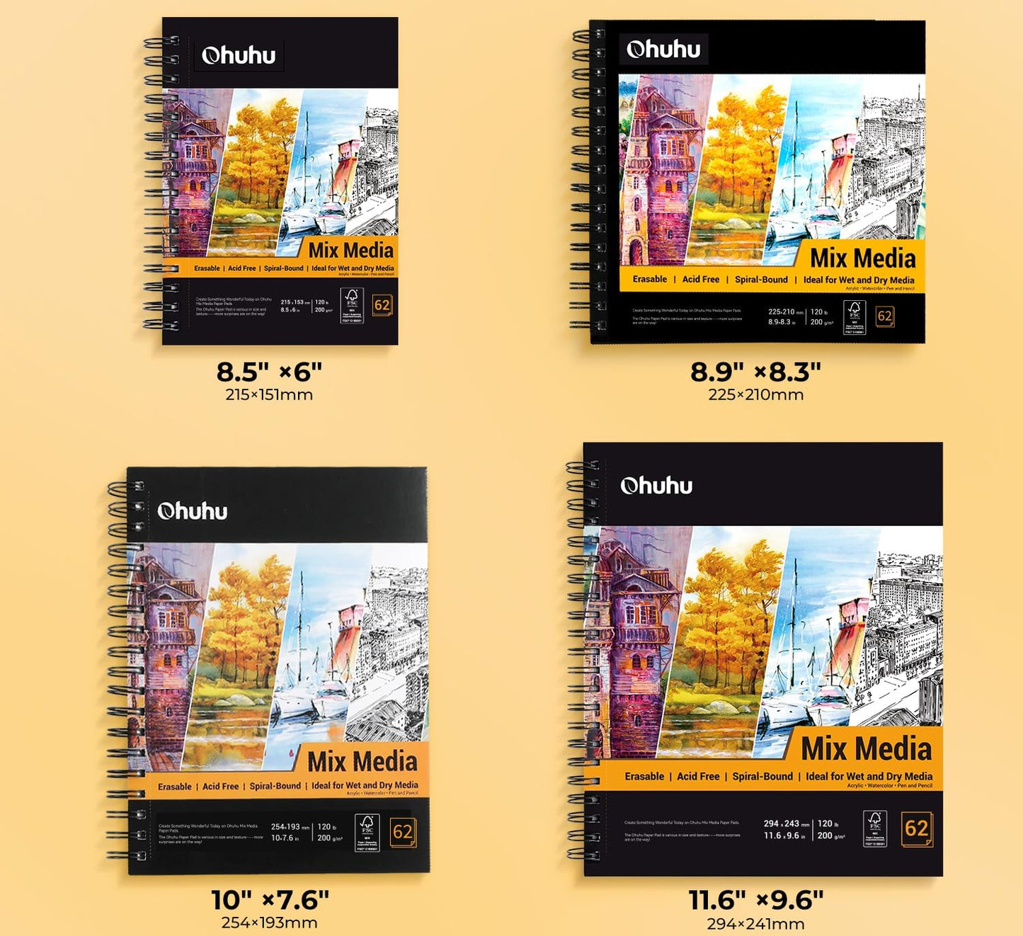 Mix Media Pad, Ohuhu Mixed Media Art Sketchbook, 120 LB/200 GSM Heavyweight Papers, 62 Sheets/124 Pages, Spiral Bound Mixed Media Paper Pad for Christmas Gift (8.5x6 in)