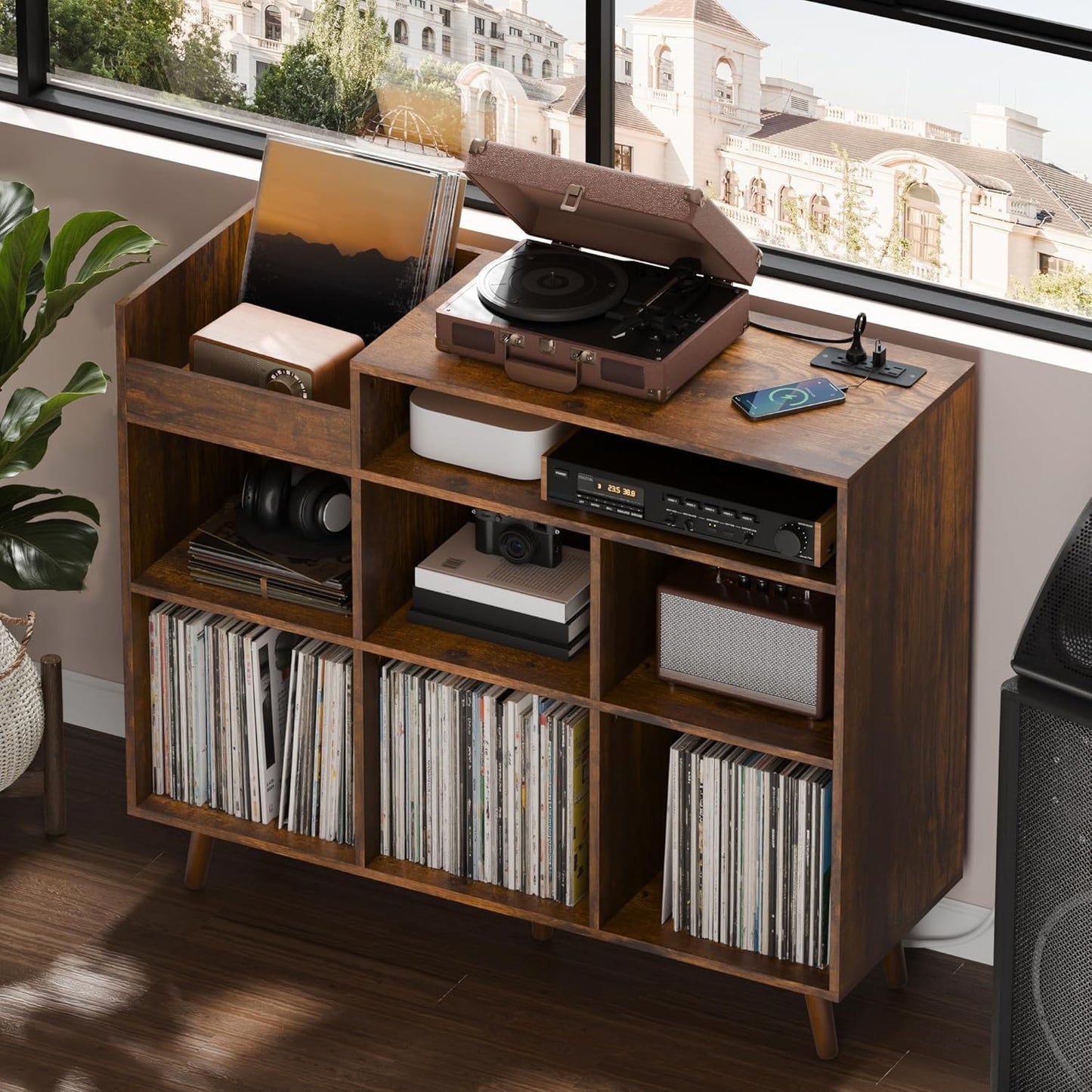 Cozy Castle Large Record Player Stand, Vinyl Storage Cabinet Mid Century Modern Turntable Stand Media Console Table Open Shelf Cube CD Album Holder Organizer for Living Room, Office, Rustic Brown