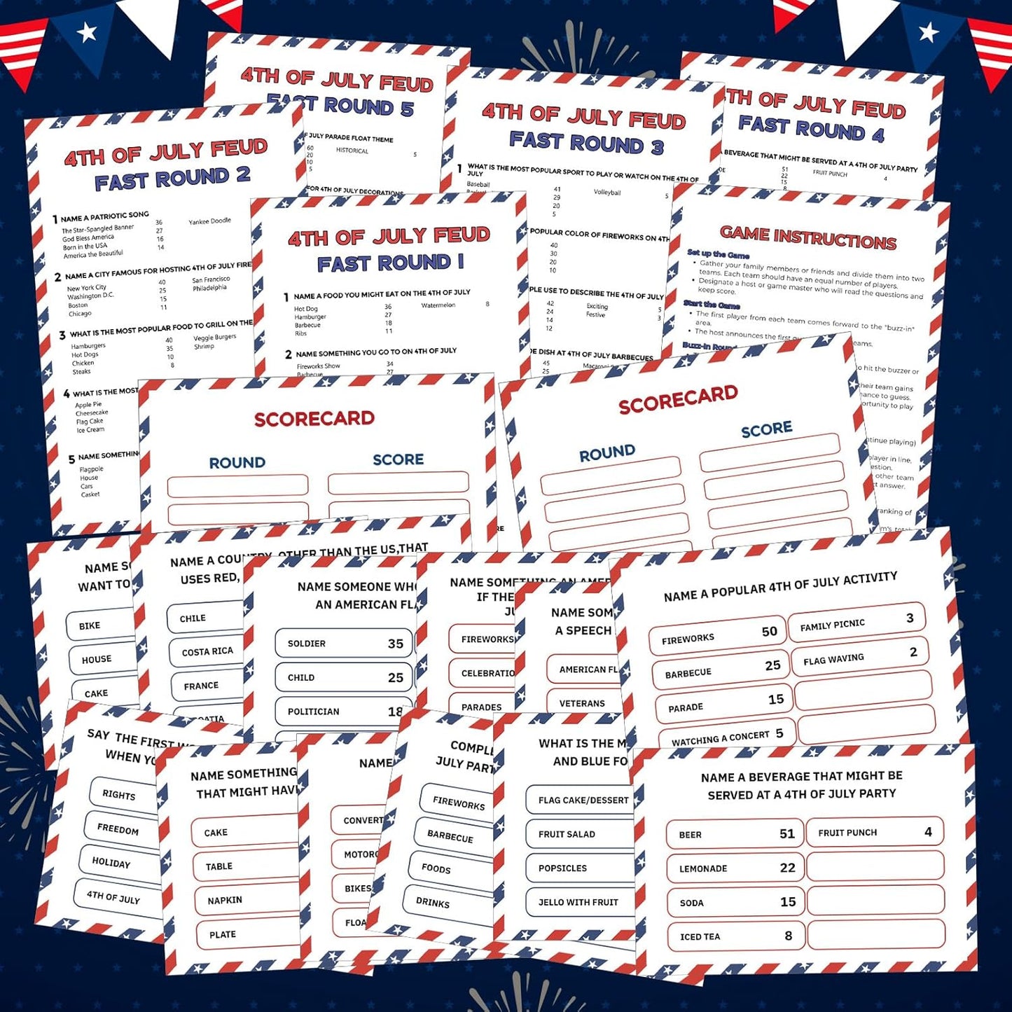 4th of July Friendly Feud Game with 2 Answer Buzzers, Independence Day Feud Cards for Family Game Night Fun Trivia Quiz for Party Office Class Groups Team Building (Red White Blue, Patriotic)