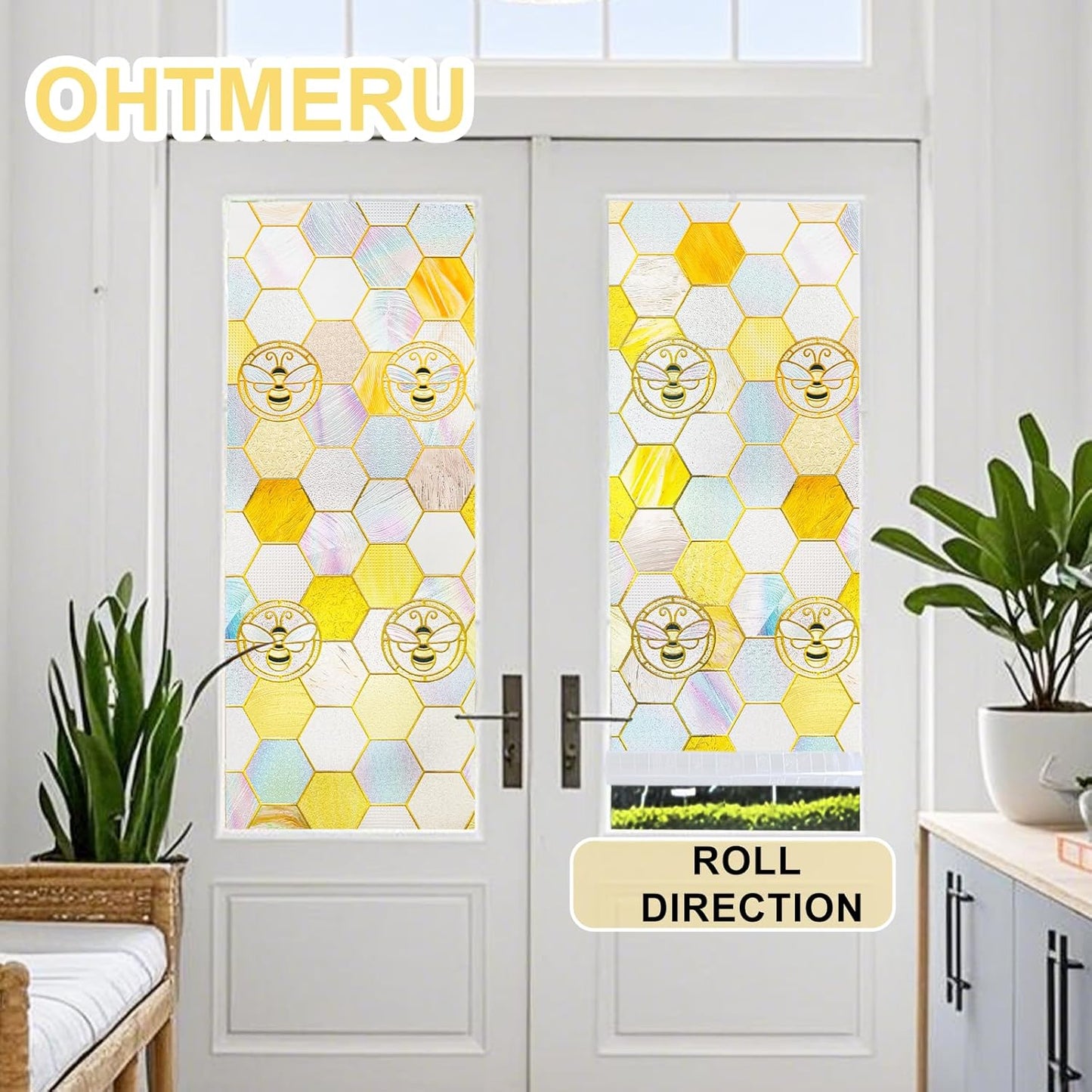 3D Stained Glass Window Privacy Film, Heat Control UV Blocking Static Cling Decorative Window Film for Bathroom,Front Door,Home Non Adhesive,35.4 x 78.7 inches Honey