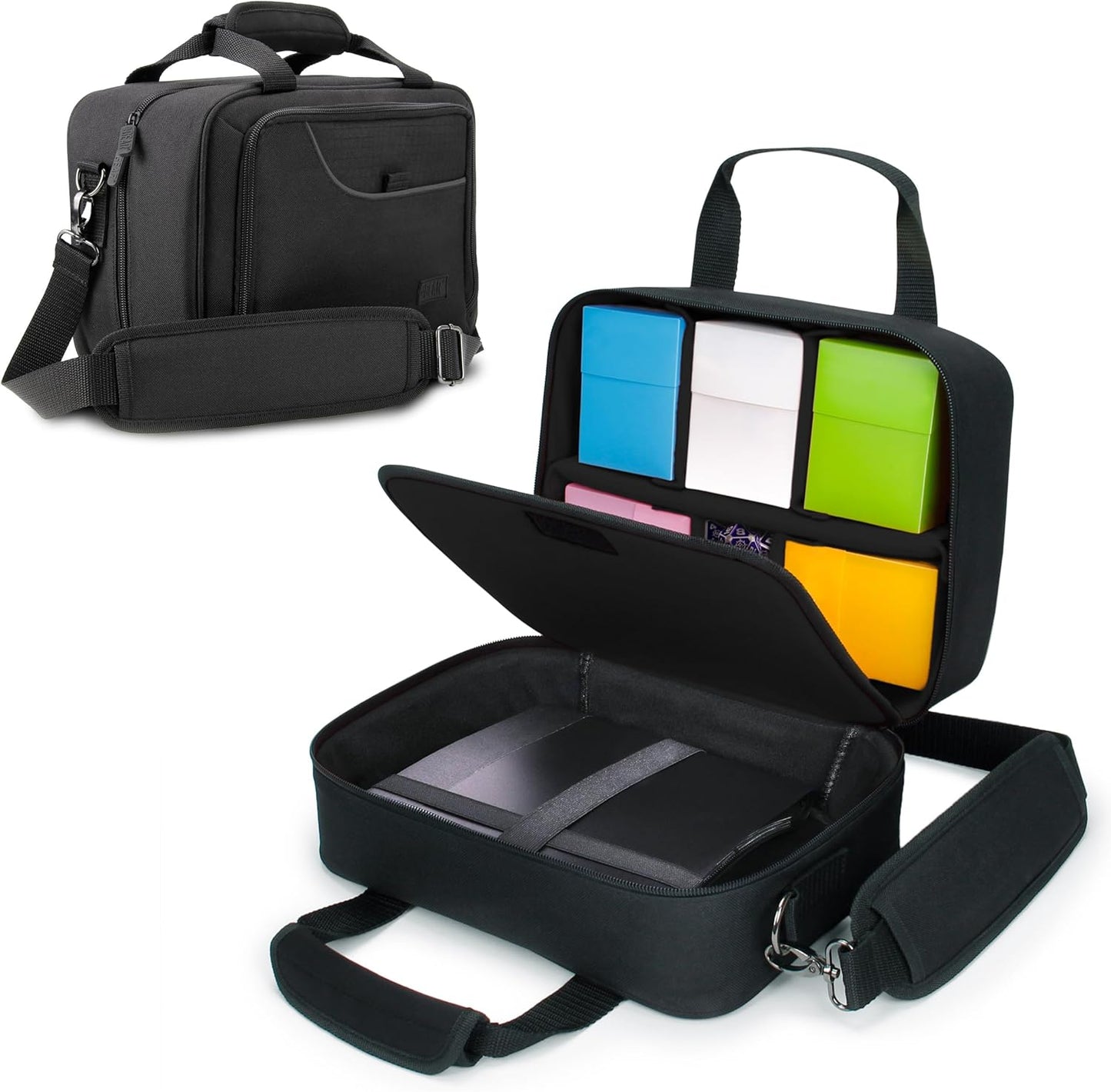USA Gear Card Deck Storage Bag Compatible with TCG and CCG Deck Games - Card Protector Bag with Padded Shoulder Strap, Customizable Interior, Weather Resistant - Fits Boxes and Loose Cards - Black