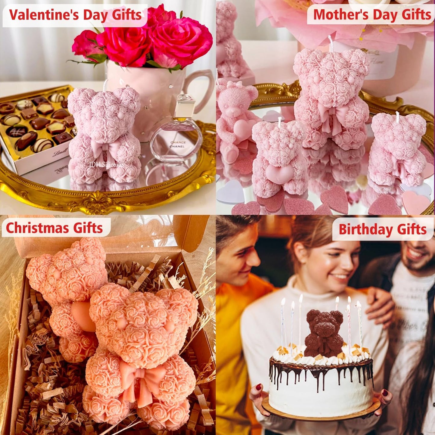 Bowtie Rose Bear Candle Mold 3D Teddy Bear Silicone Mold for DIY Handmade Soaps, Epoxy Resin Crafts, Father's Day Gifts, Birthday Gifts, Valentine's Day Gifts & Home Decorations Reusable Molds