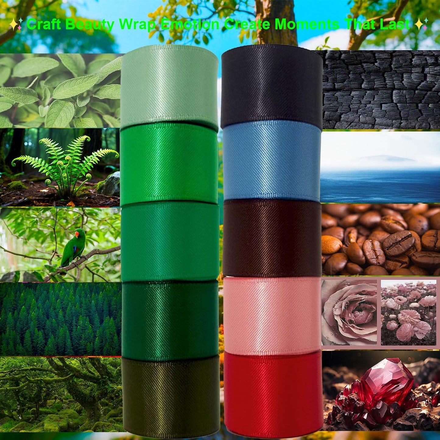 5/8 Inch Assorted Satin Ribbon Set, 50 Yards Double Faced Pack, Into The Forest 10 Colored Green Ribbon Bulk for Gift Wrapping, Crafts, Flower Bouquet, Eco Environment, Earthy Day, Forest Wedding