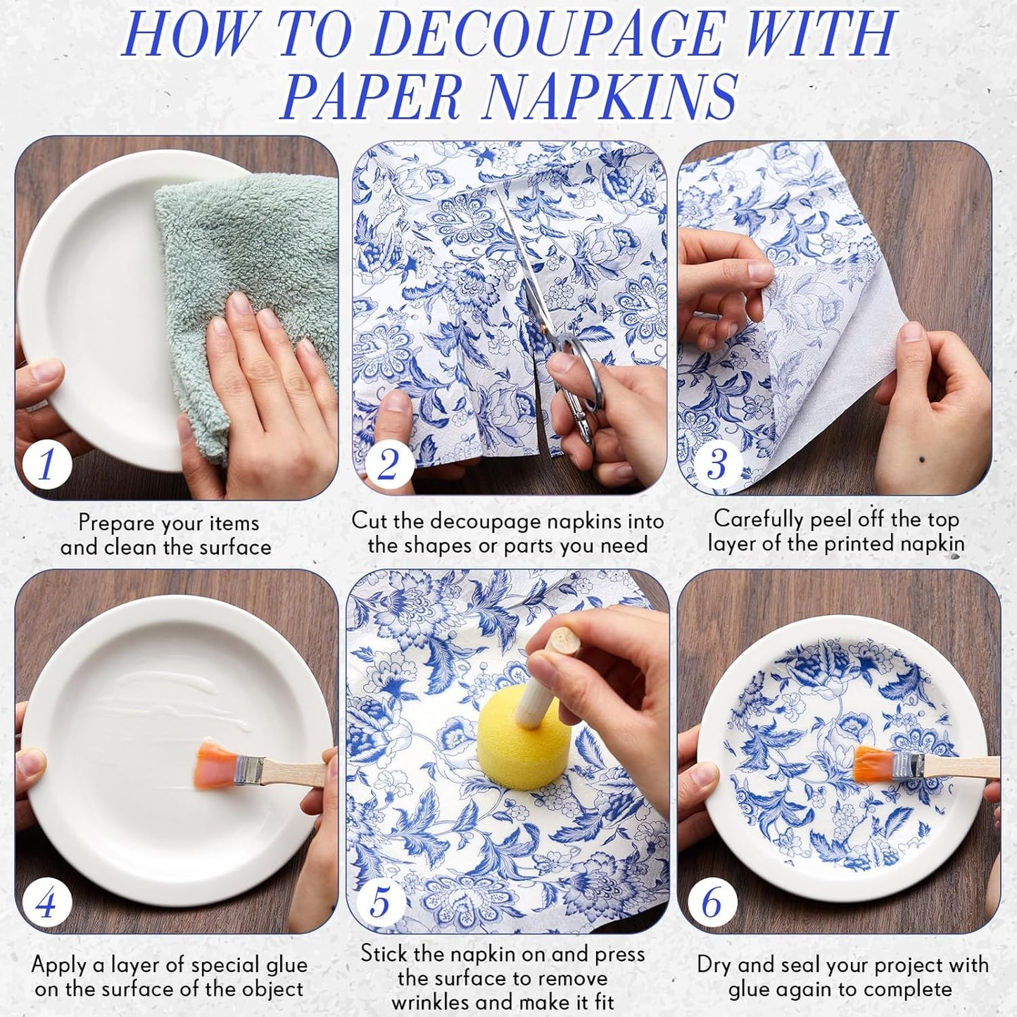Crtiin 36 Pack 9 Styles Decoupage Napkins Assorted Floral Decorative Decoupage Napkins Chinoiserie Cocktail Paper for DIY Crafting Birthday Party, Each Unfolded 13 Inch(Blue and White Floral)