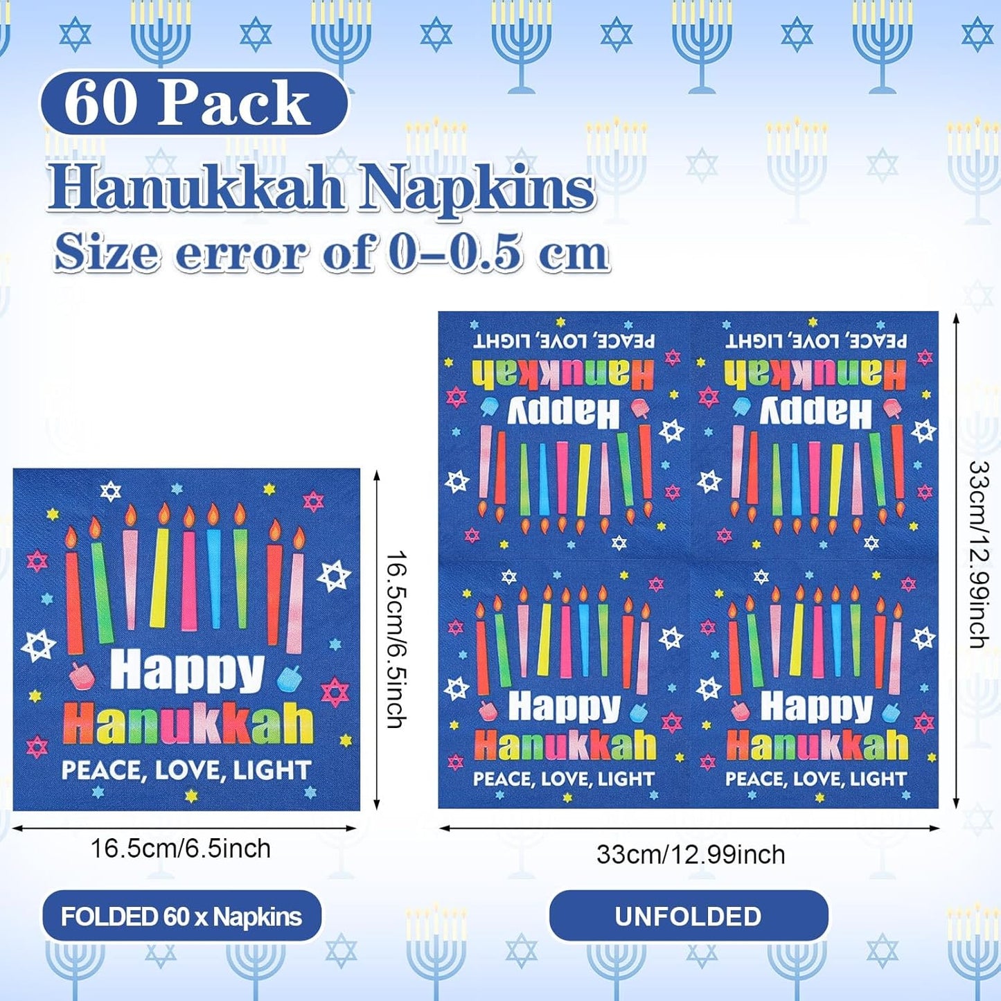 60 Pcs Happy Hanukkah Cocktail Paper Napkins 6.5 x 6.5 Inches Disposable Paper Napkins Dessert Beverage Napkin for Decoupage Luncheon Napkin for Party Wedding Birthday Party