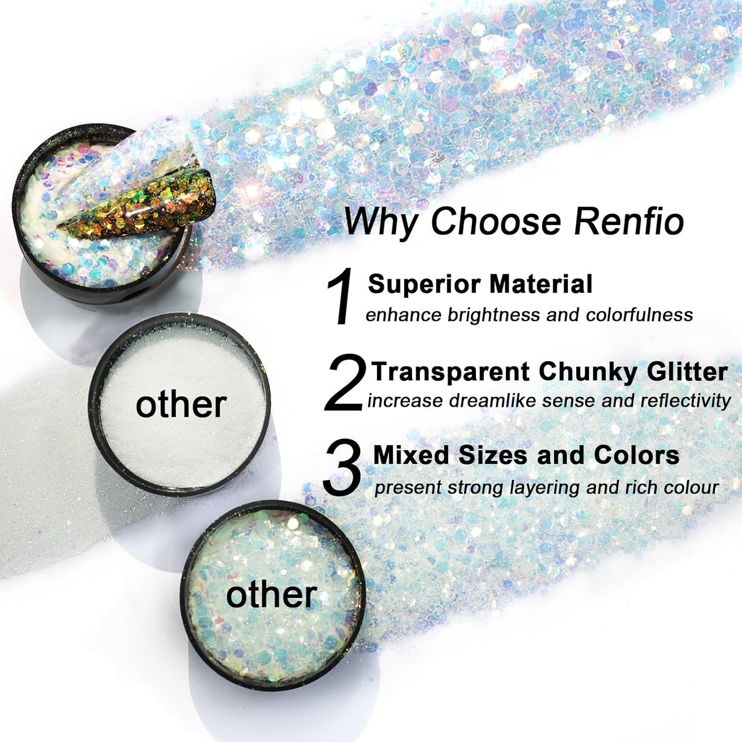Renfio Opal Chunky Glitter - 1.75oz/50g Black Holographic Iridescent Glitters for Resin Nails Art, Hair, DIY Crafts & Snow