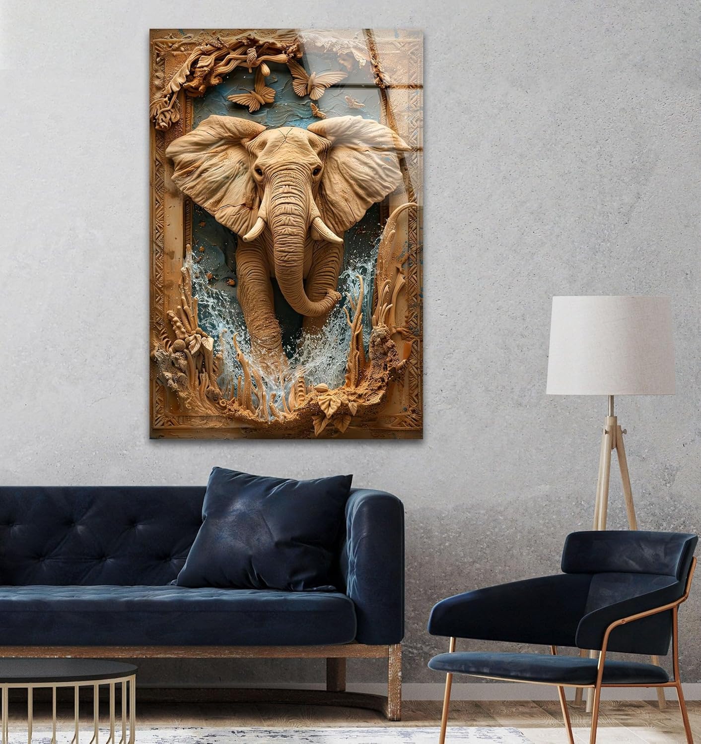 My Photostation.com 30Wx35.5H'' Elephant Carving Glass Wall Art Tempered Glass Printing Wall Decor Large Wall Art Wall Hangings