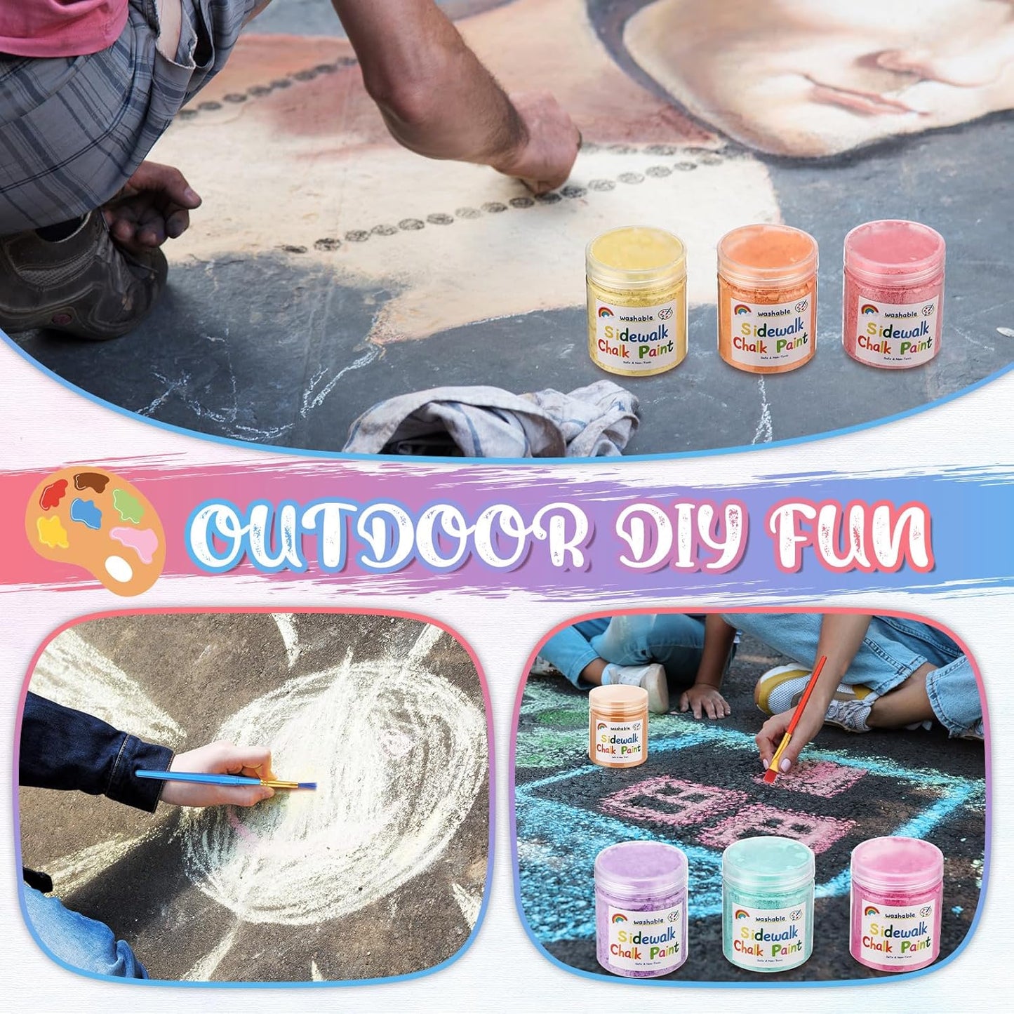 Faccito 9 Pcs Sidewalk Chalk Paint Kit Non Toxic Paint Washable Powdered Chalks Mix in Water 9 Vibrant Colors with Paintbrush for Creative Sidewalk and Chalkboard Fun