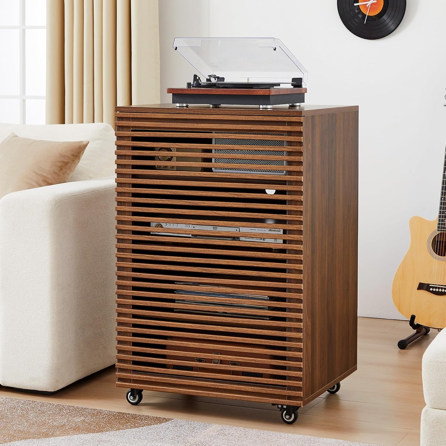 LEVNARY 5-Tier AV Media Cabinet with Grille Door & Adjustable Shelves, Modern Wooden Stereo Rack with Cable Management & Wheels, Audio Video Stand for Living Gaming Room Recording Studio (Walnut)
