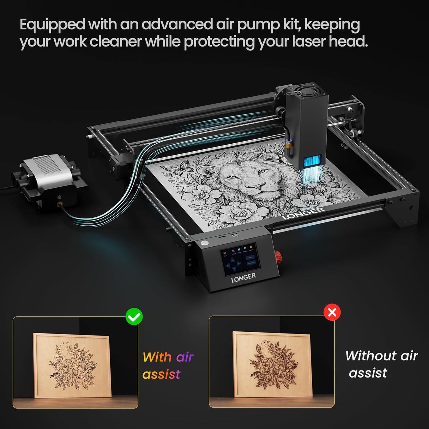 LONGER Laser Engraver Ray5 20000mW Engraver Machine with Air Assist Kit DIY CNC Laser Cutter Tool for Metal Glass Wood Working Area 15.7 "x15.7" with 4-in-1 Rotary Roller Kit