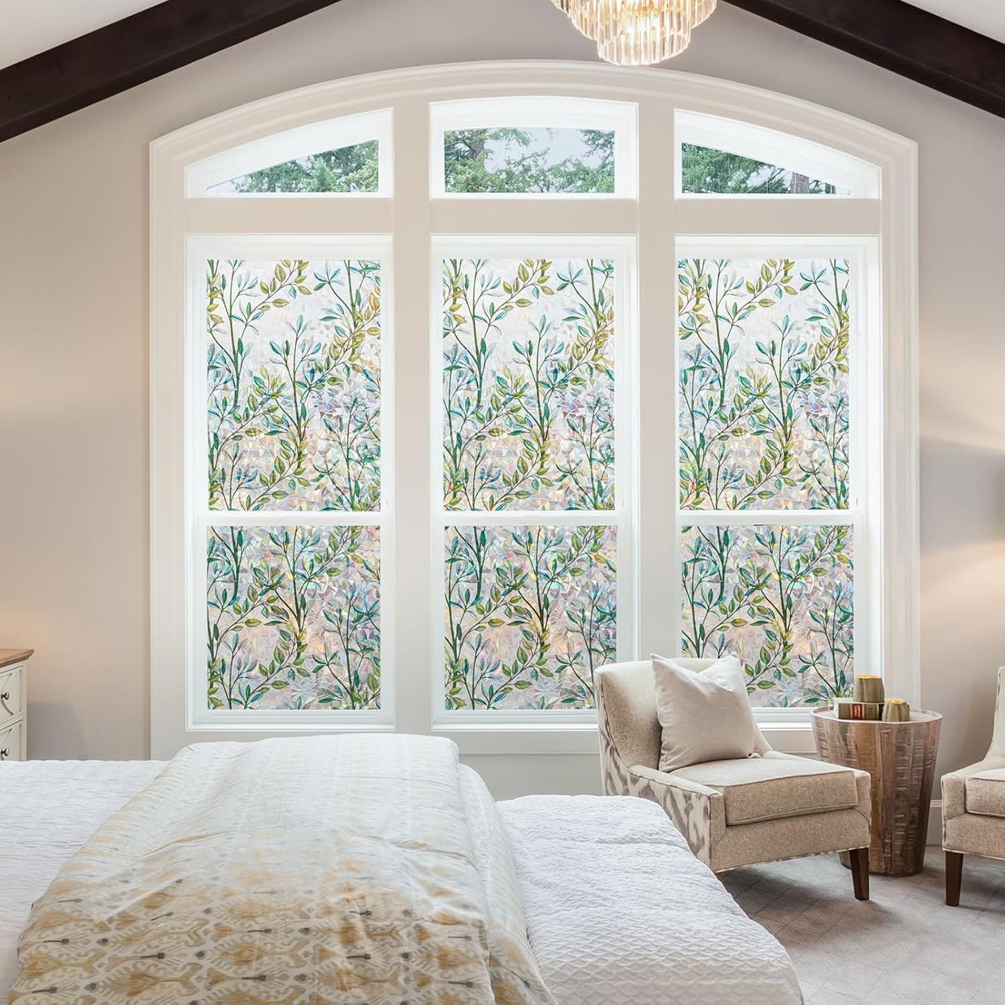 NINETREX Stained Glass Window Film 3D Decorative Cling, Sun Blocking Static Cling Removable Film for Glass Door, Home Decor Window Cover Non-Adhesive 35.4 x 157.4 inches, Leaf