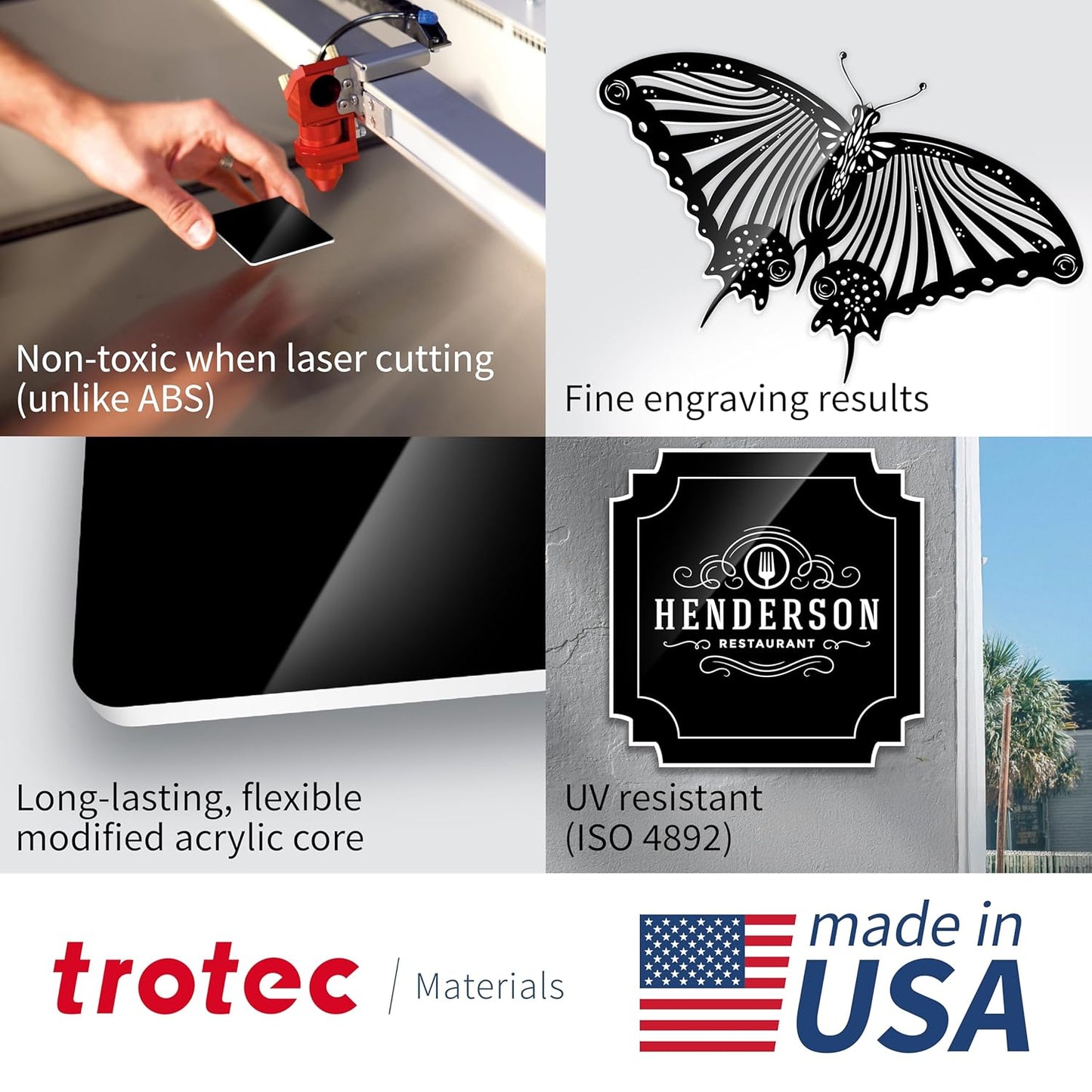Trotec TroLase | 12"x24"x1/16", 4 Pcs | Gloss Black/White | 2 Ply | Modified Acrylic | Laser Engraving Double Color Plastic Sheet | Engraving Blanks for Laser, Saw, Guillotine | Made in USA