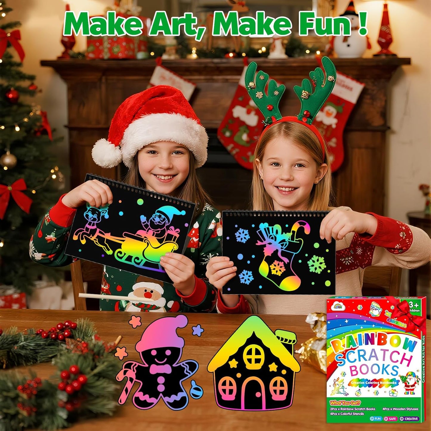 ZMLM Scratch Paper Art Craft: 2 Pack Rainbow Scratch Set for 3 4 5 6 7 8 9 10 Years Old Girls Boys Students Drawing Coloring Black Magic Art Supplies Kits Gifts School Birthday Party Toys(Christmas)