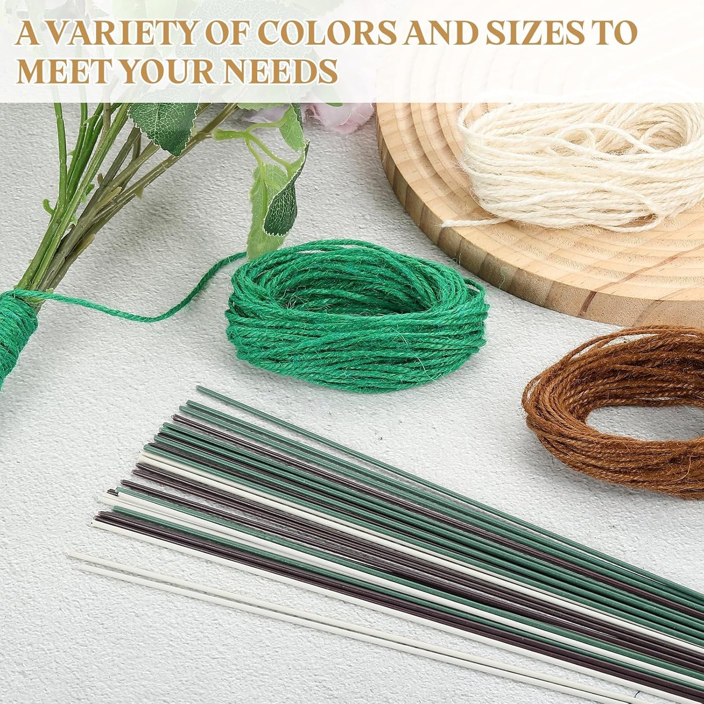 uxcell 50Pcs 2 Gauge Floral Wire, 15.75" Length Flower Stem Wires with 0.08" x 32.8ft Twine for Wreath Making, Flower Arrangement, Green