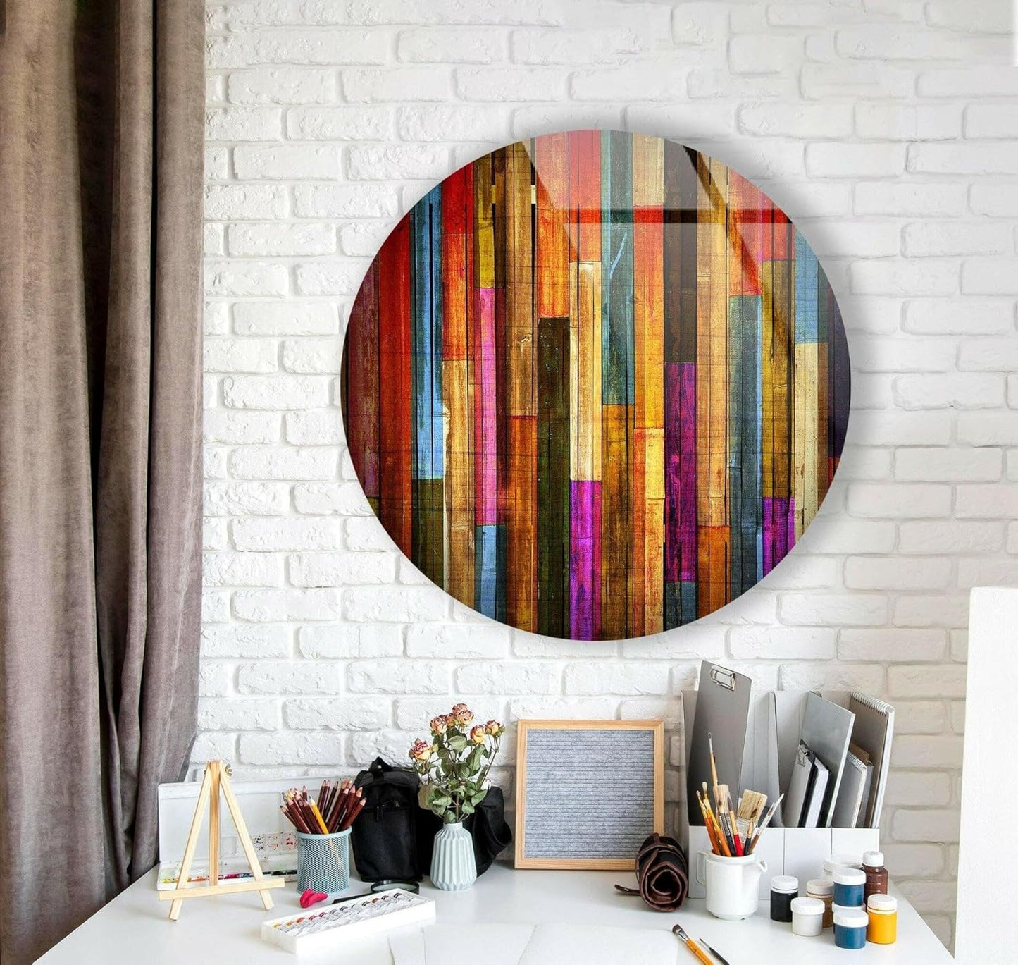 My Photostation.com 10''(25cm) Diameter Colorful Wood Pattern Round Glass Wall Art Tempered Glass Printing Wall Decor Large Wall Art Wall Hangings