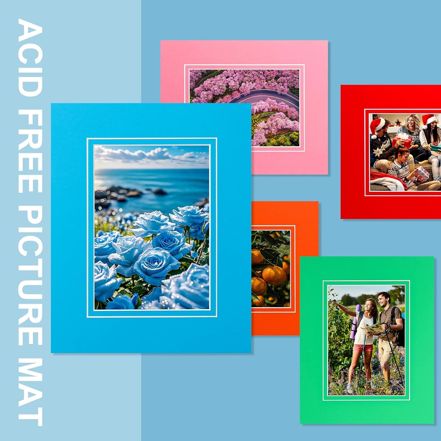 HOTUO 10 Pack Acid Free Colorful Picture Frame Mats, Pre-Cut 8x10 Picture Mats with Ivory Core Bevel Cut for 5x7 Photo, Signature Friendly 4 Ply Thickness Photo Mat for Frames (Colorful with V-Groove)