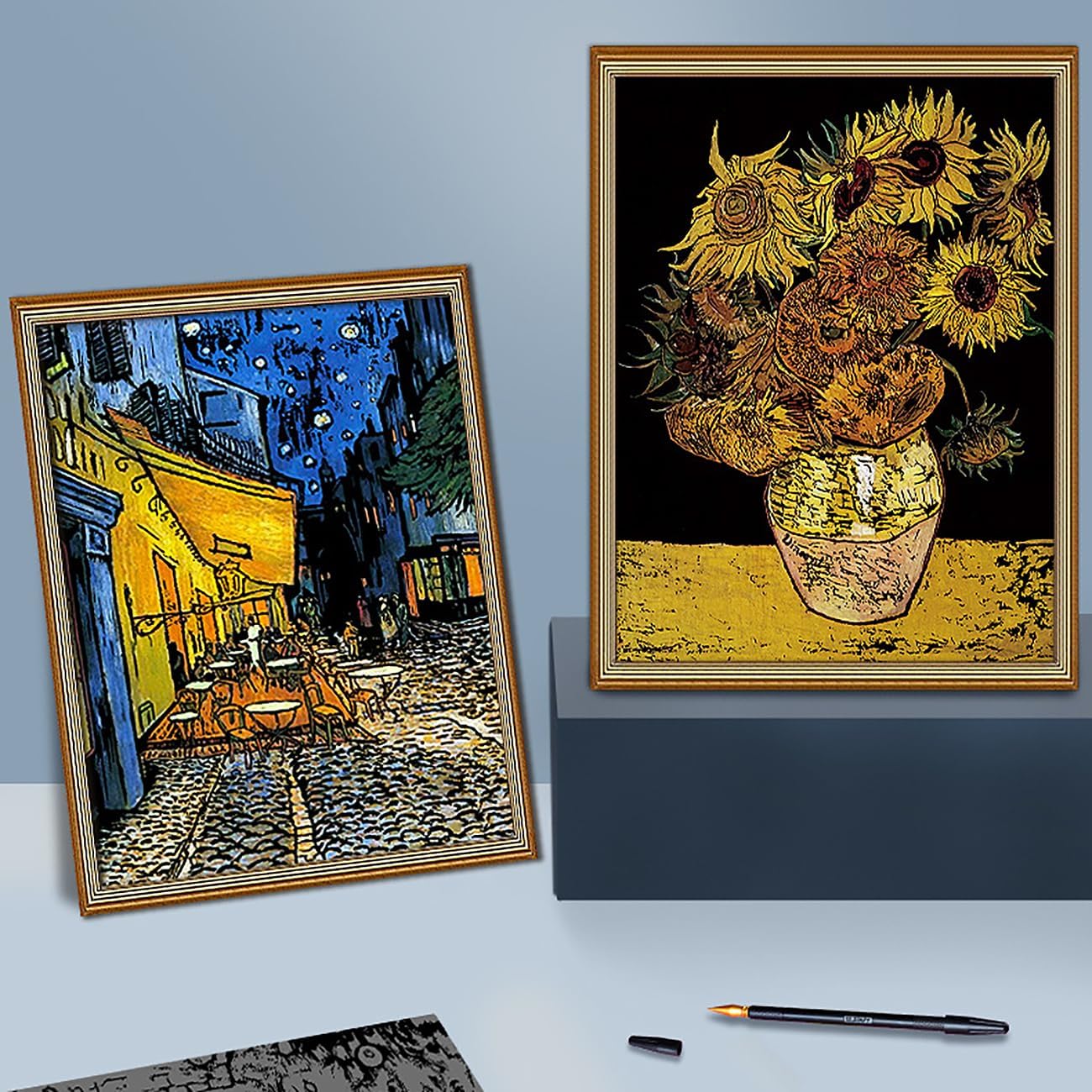 Scratch Art Painting 4 Pcs Vincent Van Gogh Scratch Rainbow Paper Set for Adults and Kids, DIY Sketch Card Engraving Craft Night View Scratchboard with 4 Tools - Cafe Terrace, Sunflowers, Starry Night