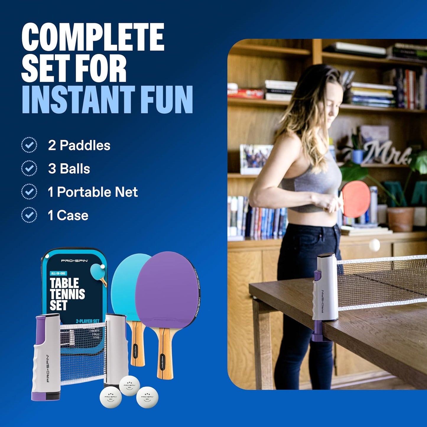 PRO SPIN All-in-One Ping Pong Set - Retractable Ping Pong Net for Any Table (72"), Ping Pong Paddles and Balls, Storage Case - Portable Table Tennis Family Games, Gifts for Boys & Girls