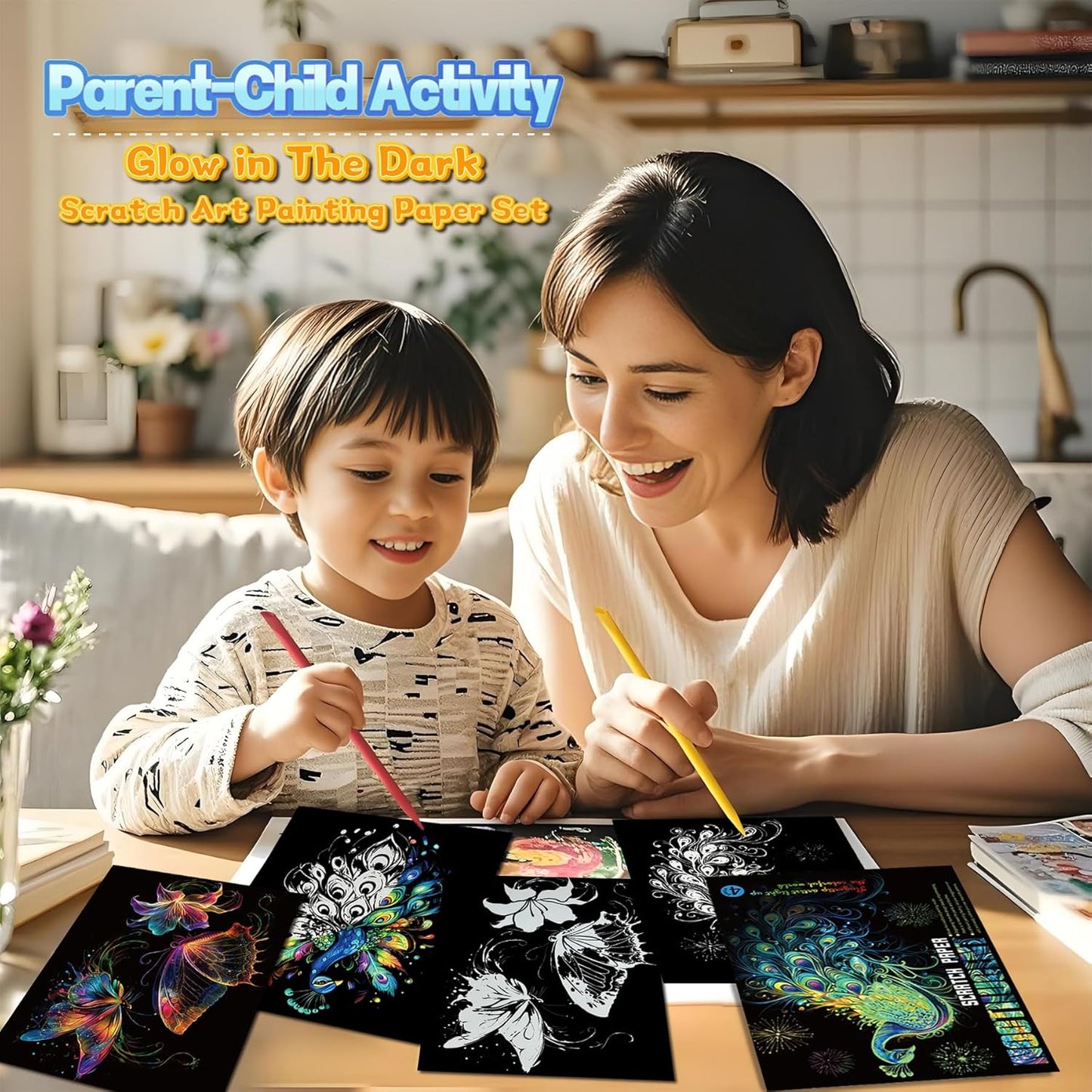 Scratch Paper Art for Adults-Glow in The Dark Scratch Painting Craft Kit (8 Sheets A4)|Foil Engraving Art Set|Stress Relief Gift for Craft Lovers|Creative Scratch Art Home Decor(Butterfly&Peacock)‌