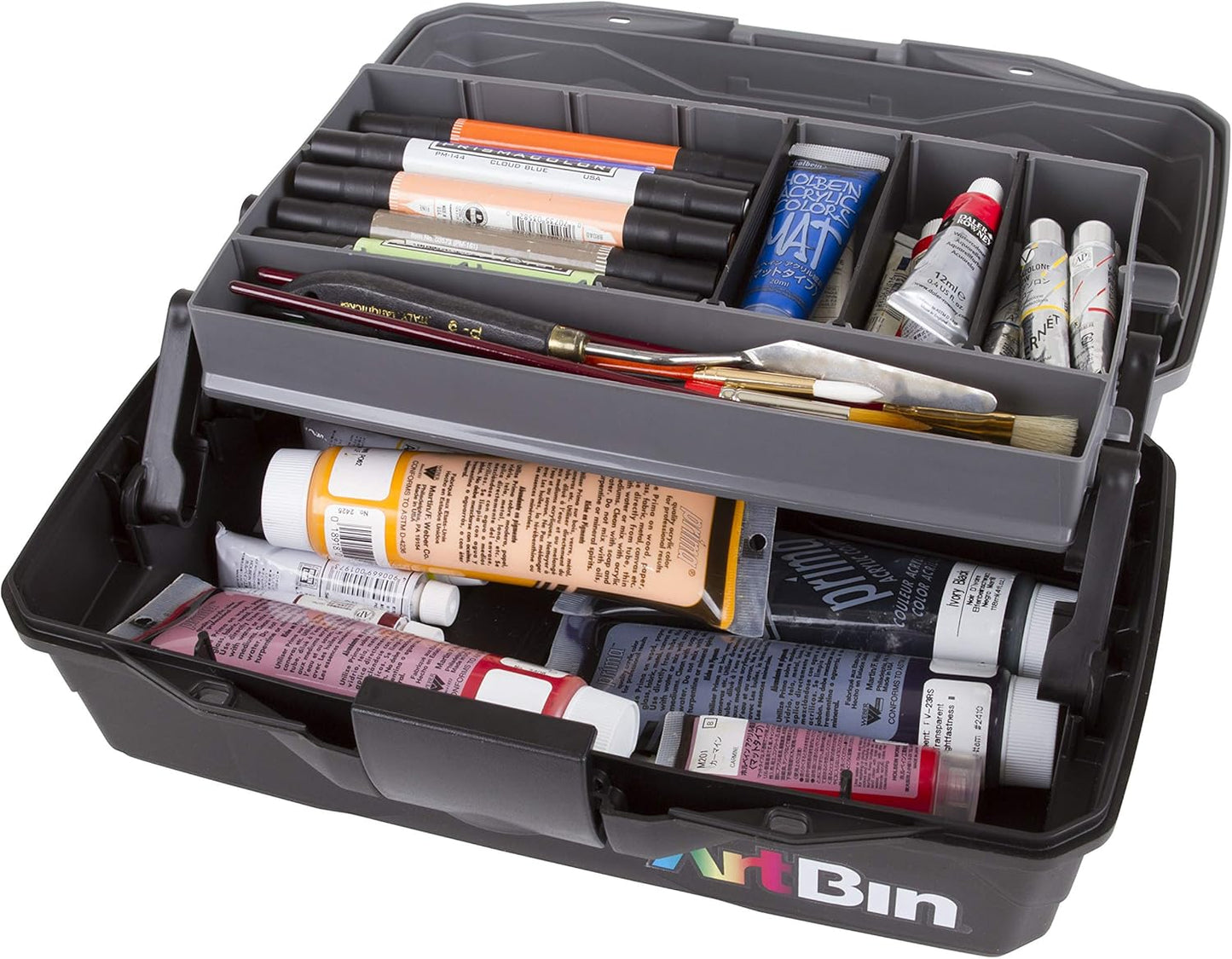 ArtBin 6891AG 1-Tray Art Supply Box, Portable Art & Craft Organizer with Lift-Up Tray, [1] Plastic Storage Case, Gray/Black