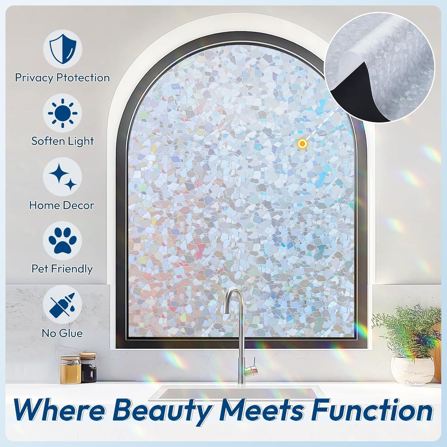 rabbitgoo Rainbow Window Privacy Film Decorative Stained Glass Diamond Pattern Window Sticker with Iridescent Tint Non-Adhesive Static Cling for Home Office Crystal Pattern, 35.4 x 118.1 inch