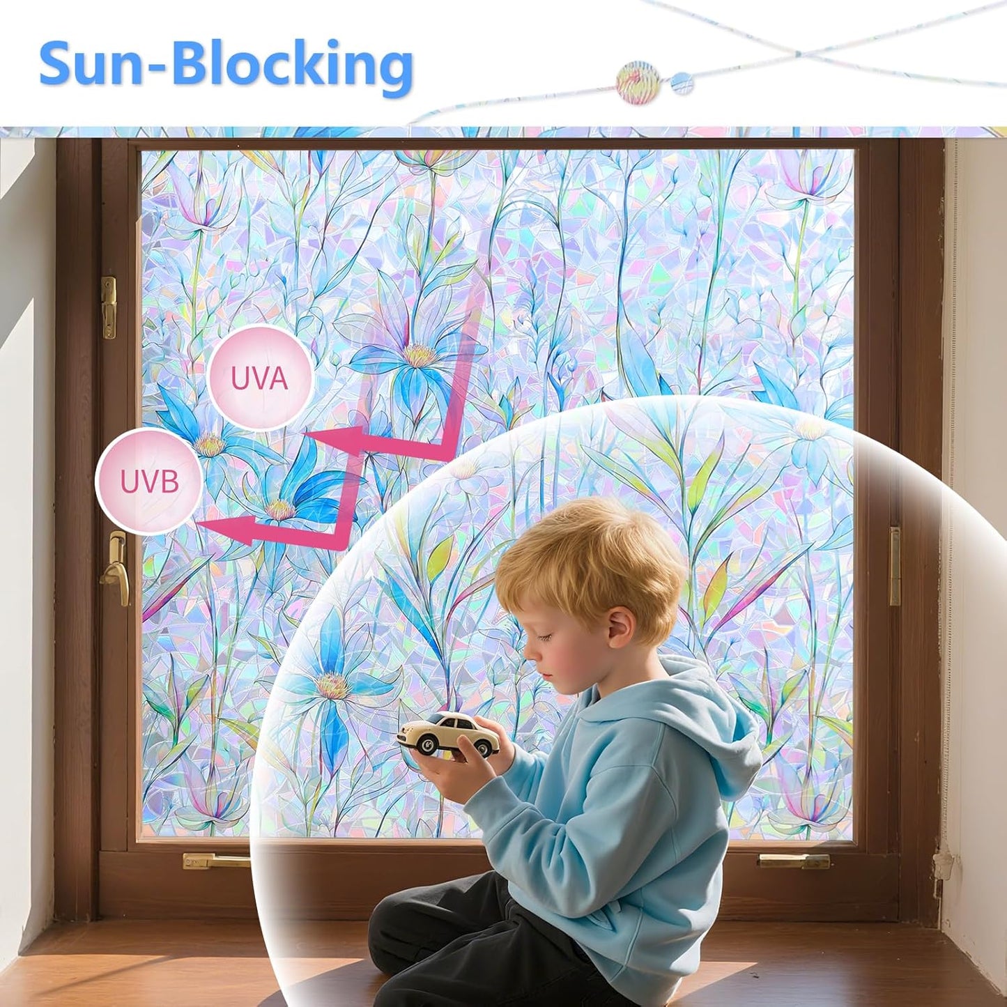 FINNEZ Window Privacy Film Stain Glass Film Flowers Rainbow Window Film Window Clings Non-Adhesive Reusable Decorative for Home（Blue Lotus，45.2 Inch x 6.5 Feet）
