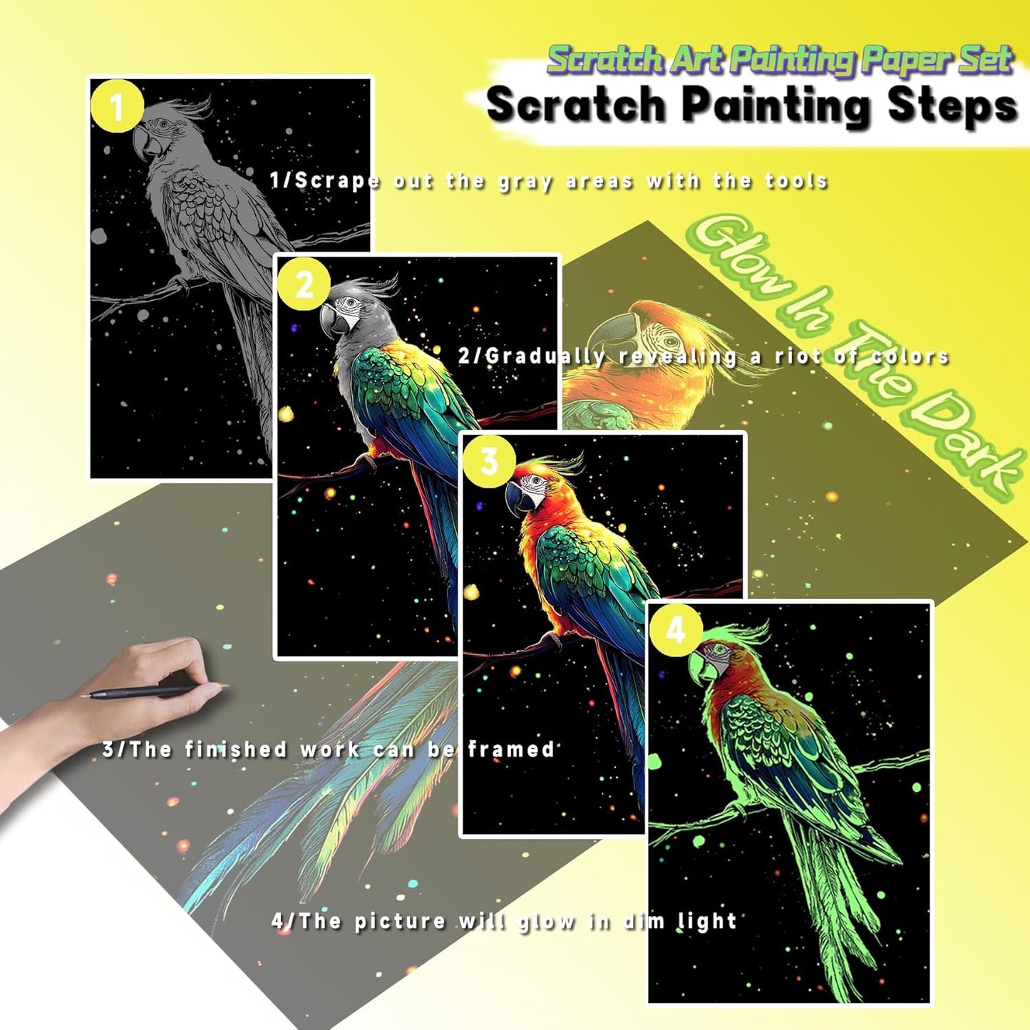 Scratch Paper Art for Adults-Glow in The Dark Scratch Painting Craft Kit (8 Sheets A5)|DIY Foil Engraving Art Set|Stress Relief Gift for Craft Lovers|Creative Scratch Art Home Decor(Animal Series)