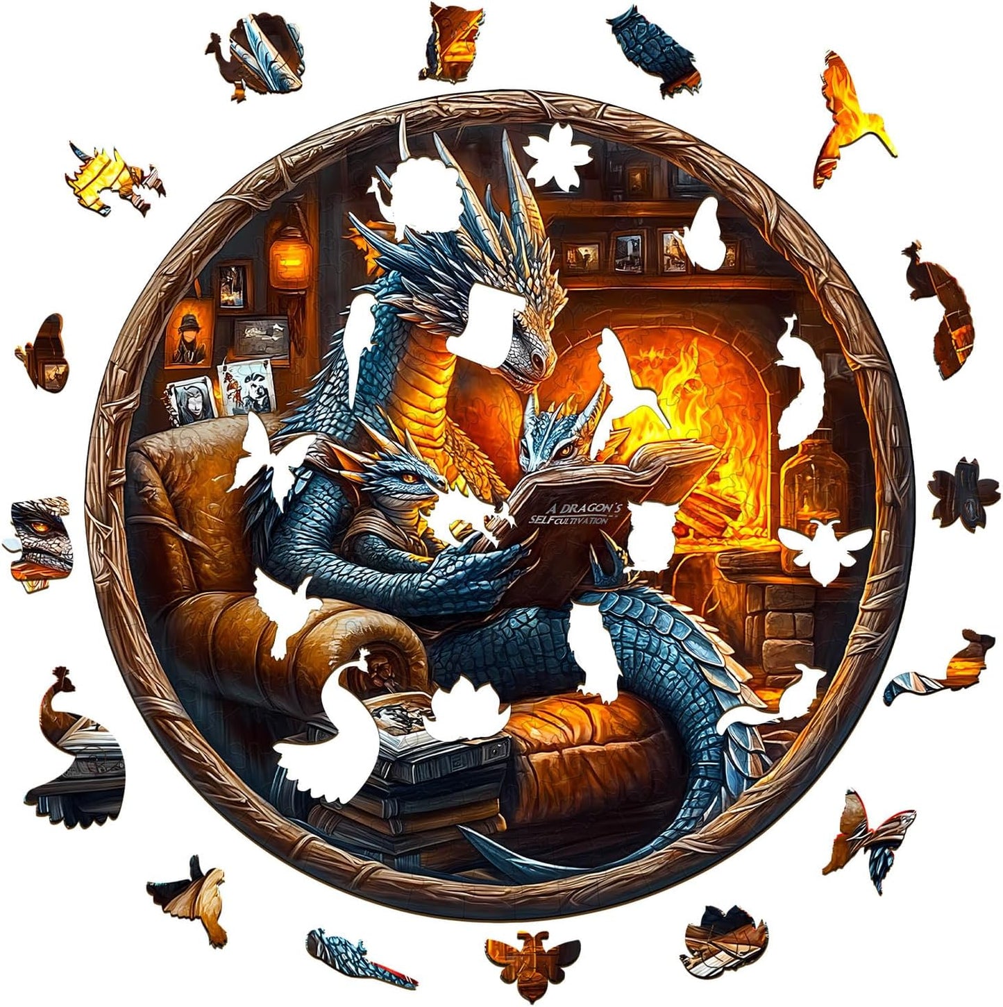 KAAYEE Wooden Puzzles for Adults, 3D Visual Effect Dragon Family Night Reading Wooden Jigsaw Puzzle Unique Shape Wood Puzzle Adult, 3D Effect Flat Puzzle Birthday Family Games (L-13.4*13.4 in-295pcs)