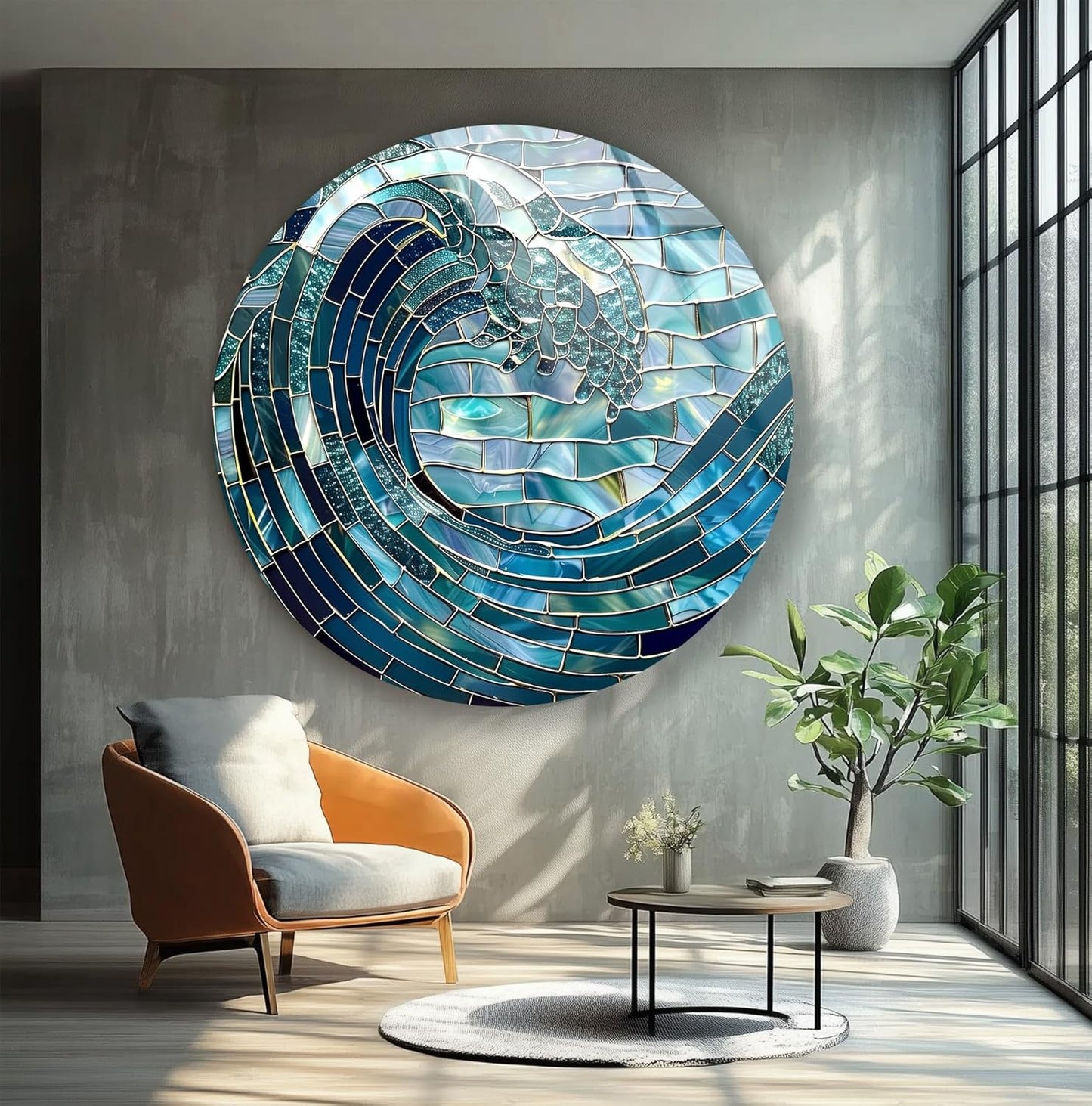 My Photostation.com 27.5''(70cm) Diameter Ocean Wave in Blue Mosaic Round Glass Wall Art Tempered Glass Printing Wall Decor Large Wall Art Wall Hangings
