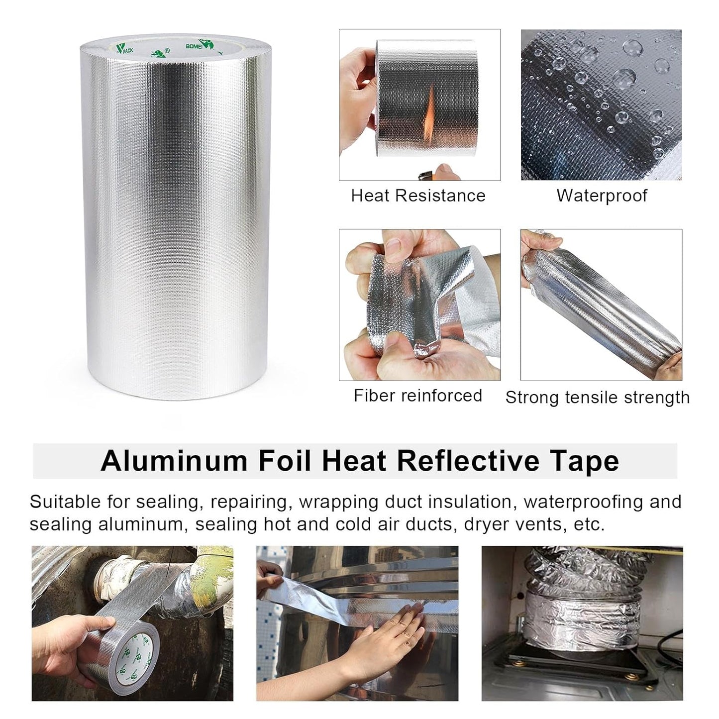 BOMEI PACK Adhesive Aluminum Foil Heat Shield Tape Barrier, Fiberglass Thermal Insulation Reflective Material High Temp Protection (8in*66ft)
